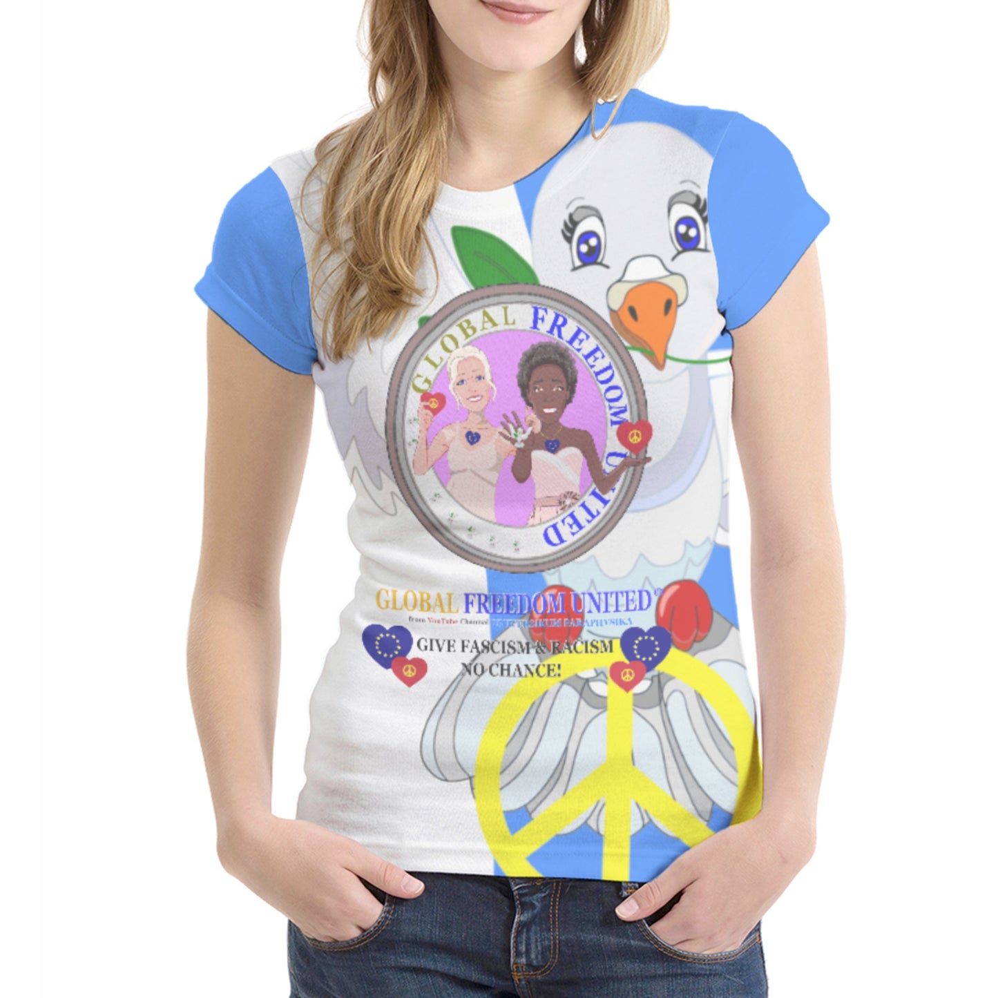 Women´s T-shirt 1 GLOBAL FREEDOM UNITED© Anti Fascism & Racism EU Blue