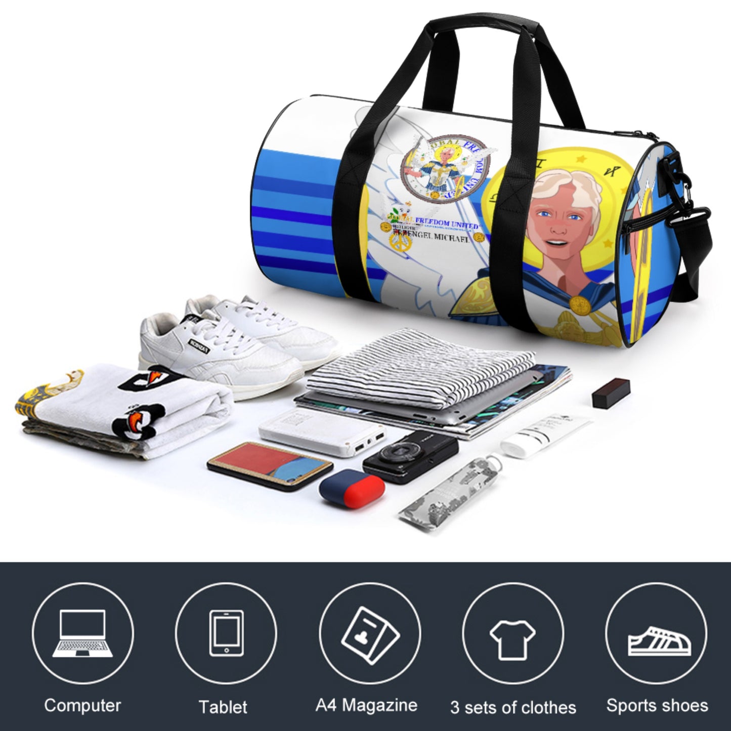 Cylindrical Gym Bag Global Freedom United Archangel Michael German Deep Blue