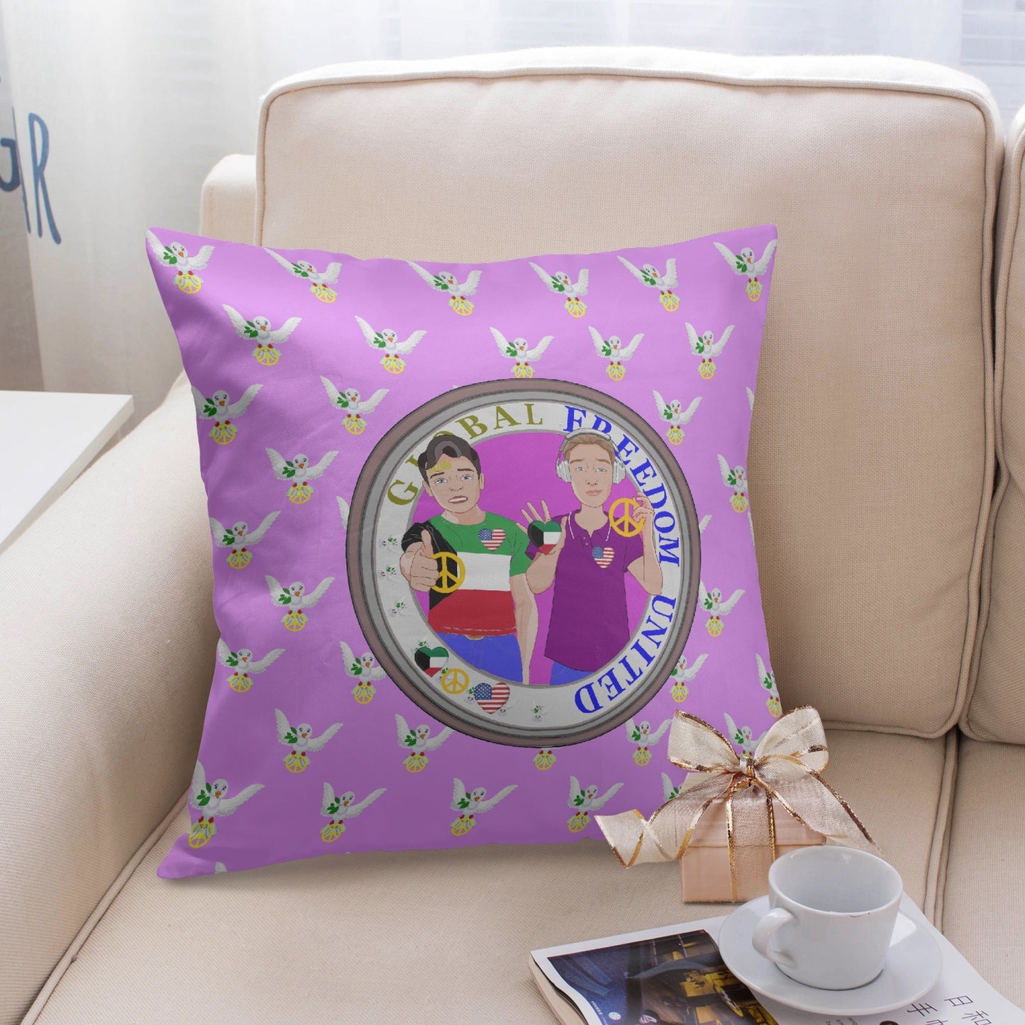 GLOBAL FREEDOM UNITED© Men KUWAIT & USA LILAC 18'' Square Pillow Cover