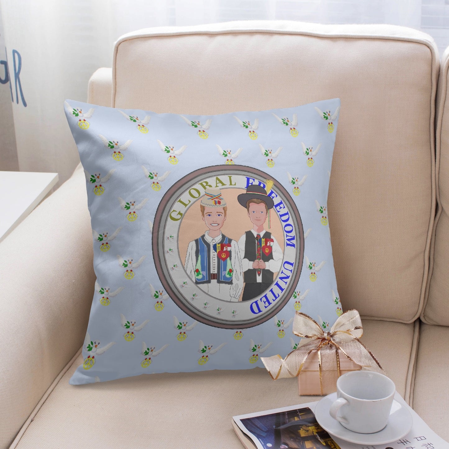 GLOBAL FREEDOM UNITED© Men ROMANIA & HUNGARY Light Blue 18'' Square Pillow Cover