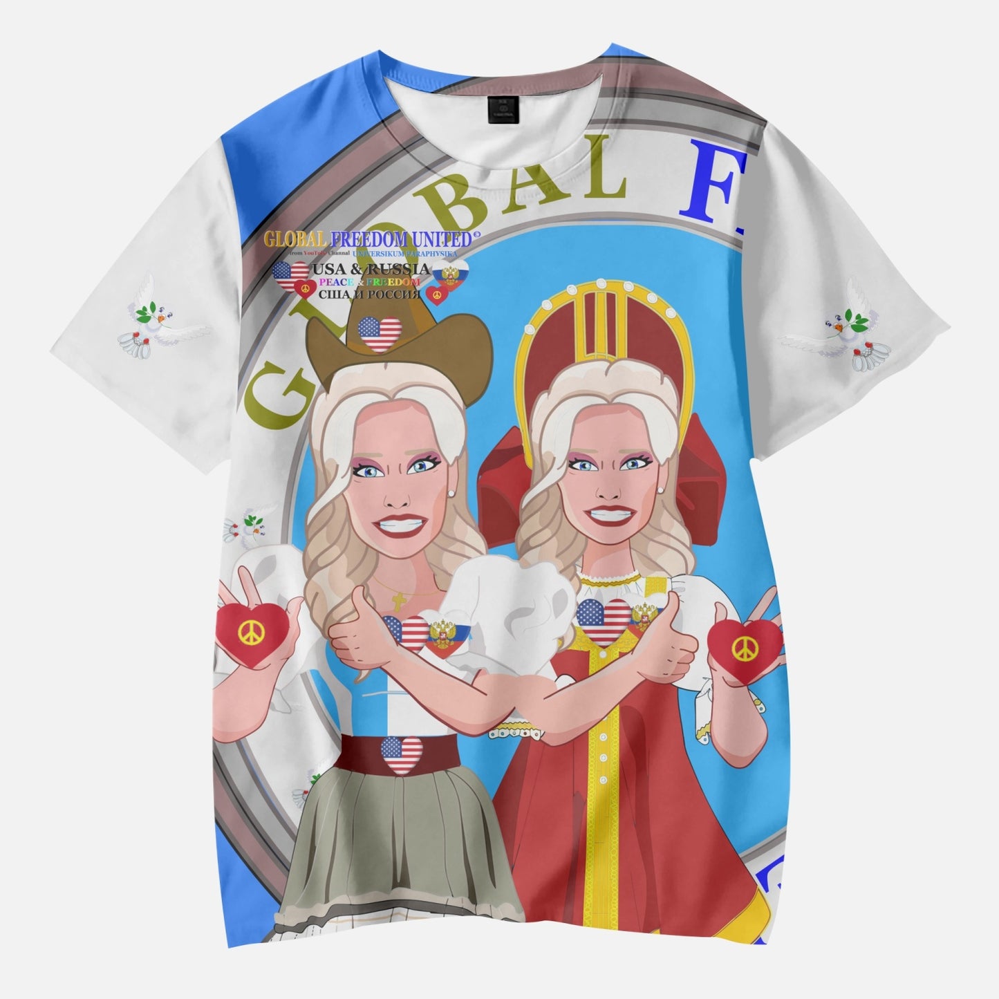 GLOBAL FREEDOM UNITED GIRLS USA & RUSSIA OLD PEACE BLUE AOP Kids' Short T-Shirts