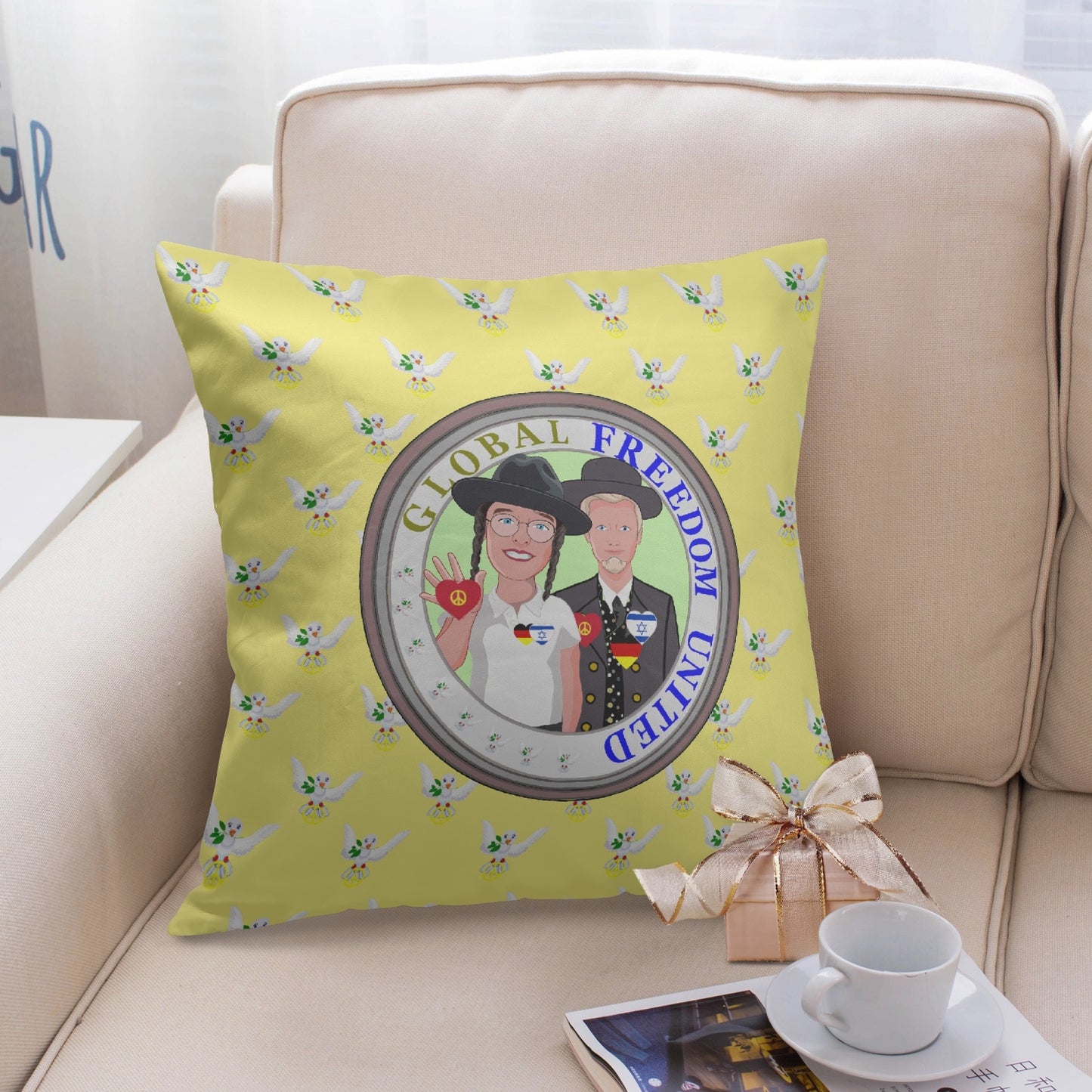 GLOBAL FREEDOM UNITED© Men ISRAEL & GERMANY Yellow 18'' Square Pillow Cover