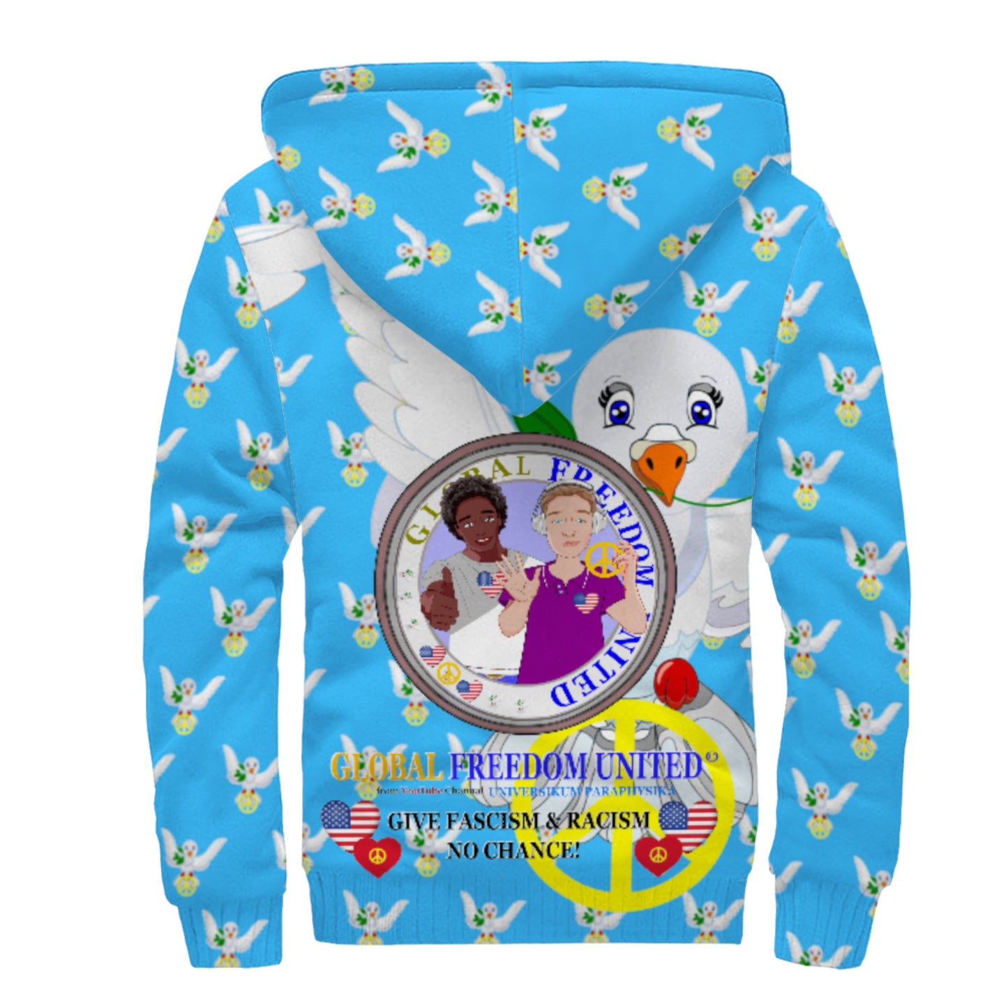 Plush Hoodie GLOBAL FREEDOM UNITED© Men Anti Fascism & Racism USA Blue