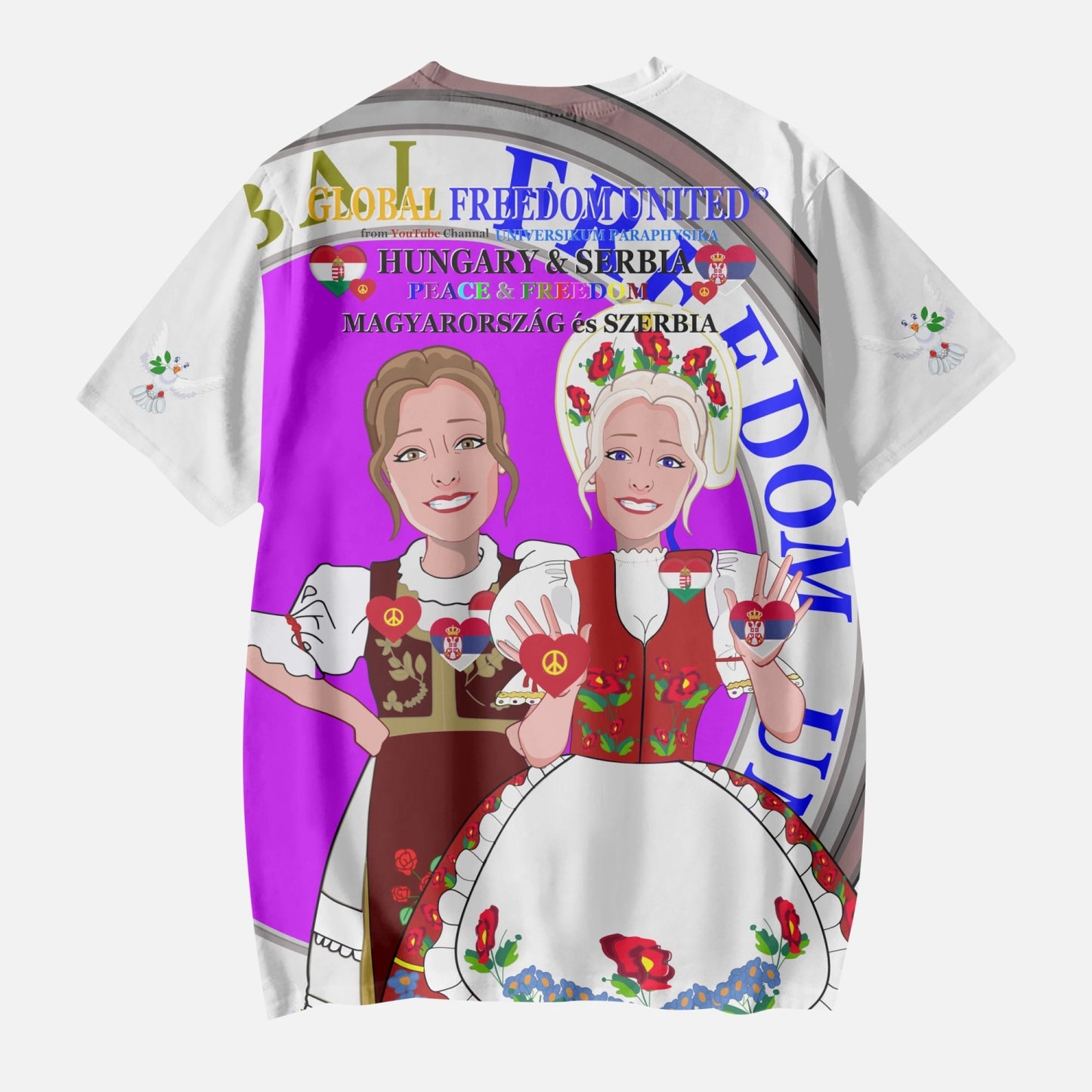 GLOBAL FREEDOM UNITED GIRLS SERBIA & HUNGARIE OLD PEACE WIGHT AOP Kids' Short T-Shirts