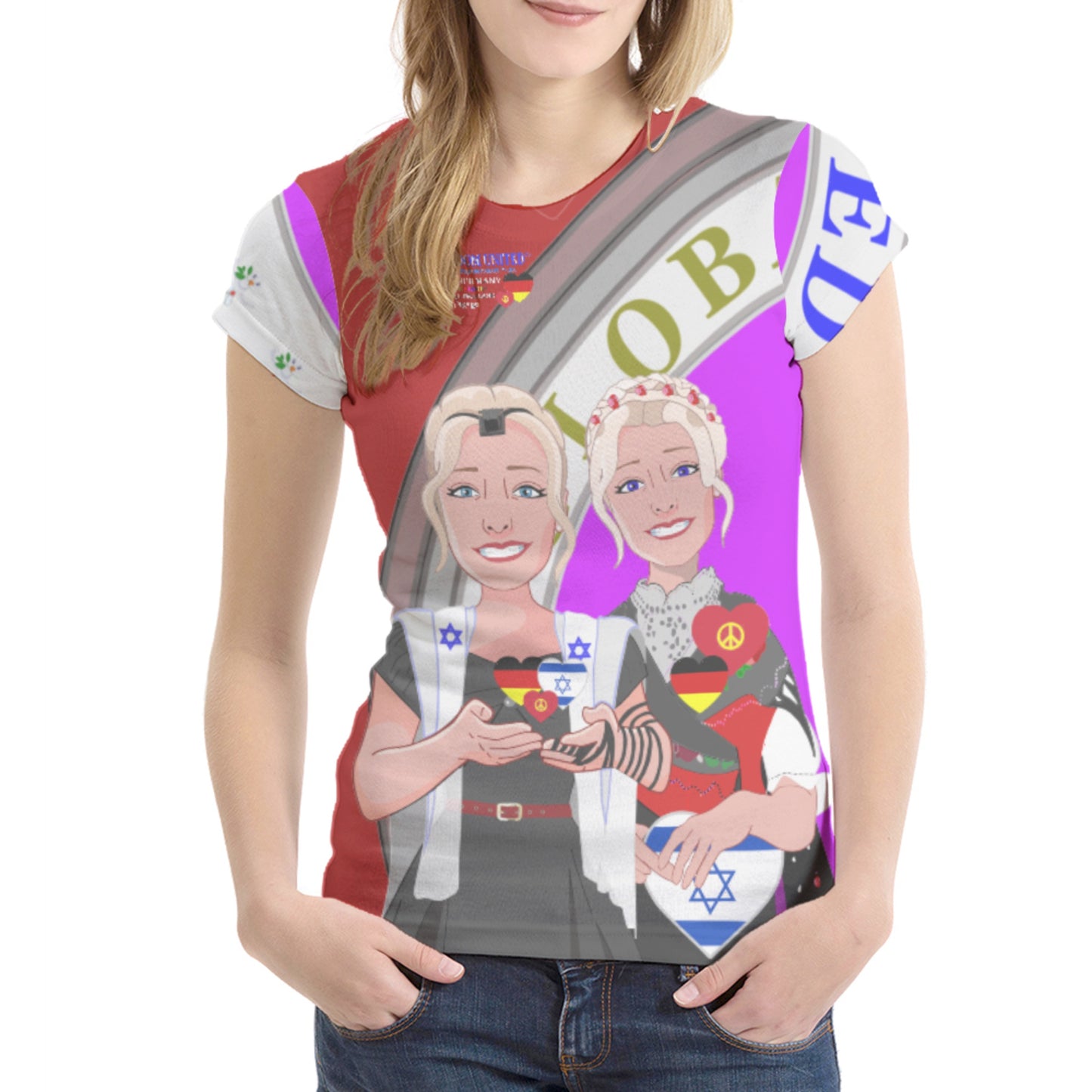 Women´s T-shirt GLOBAL FREEDOM UNITED© Israel & Germany Old Peace Version 2 Red