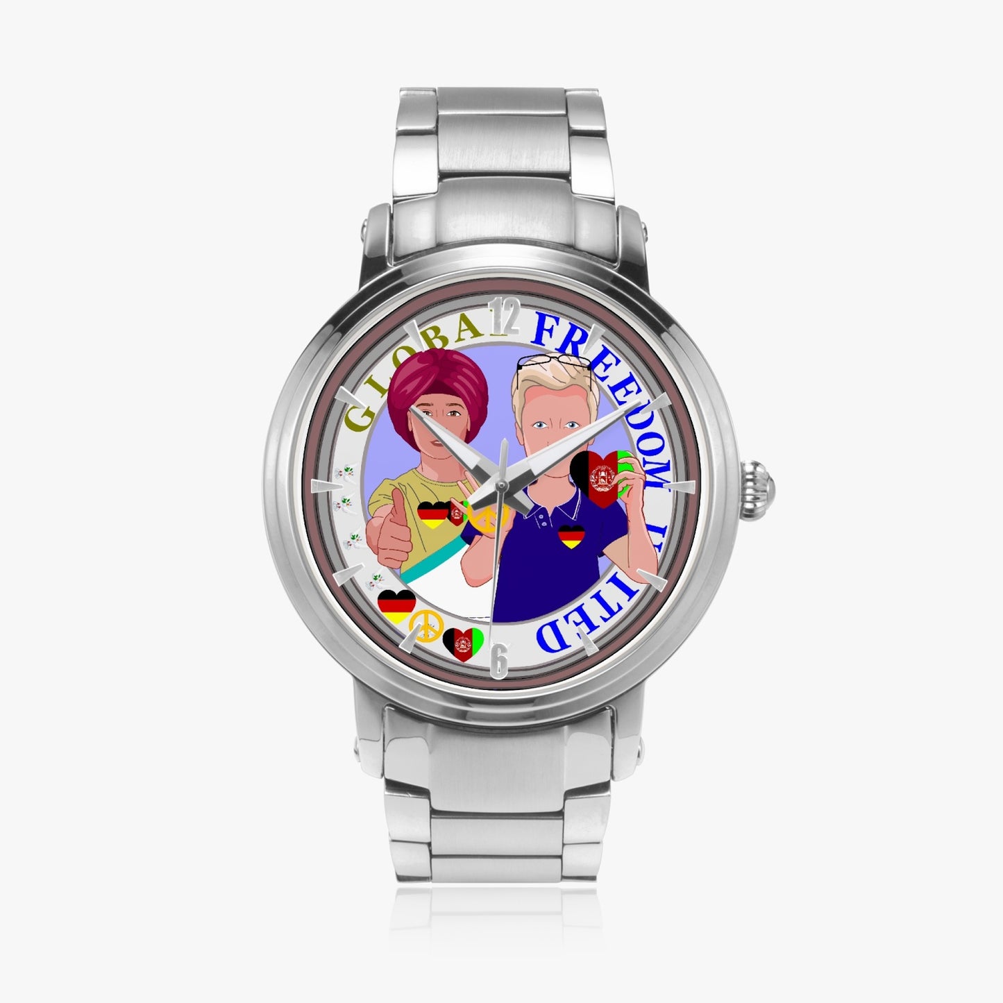 GLOBAL FREEDOM UNITED© Men AFGHANISTAN & GERMANY - New Steel Strap Automatic Watch (With Indicators)