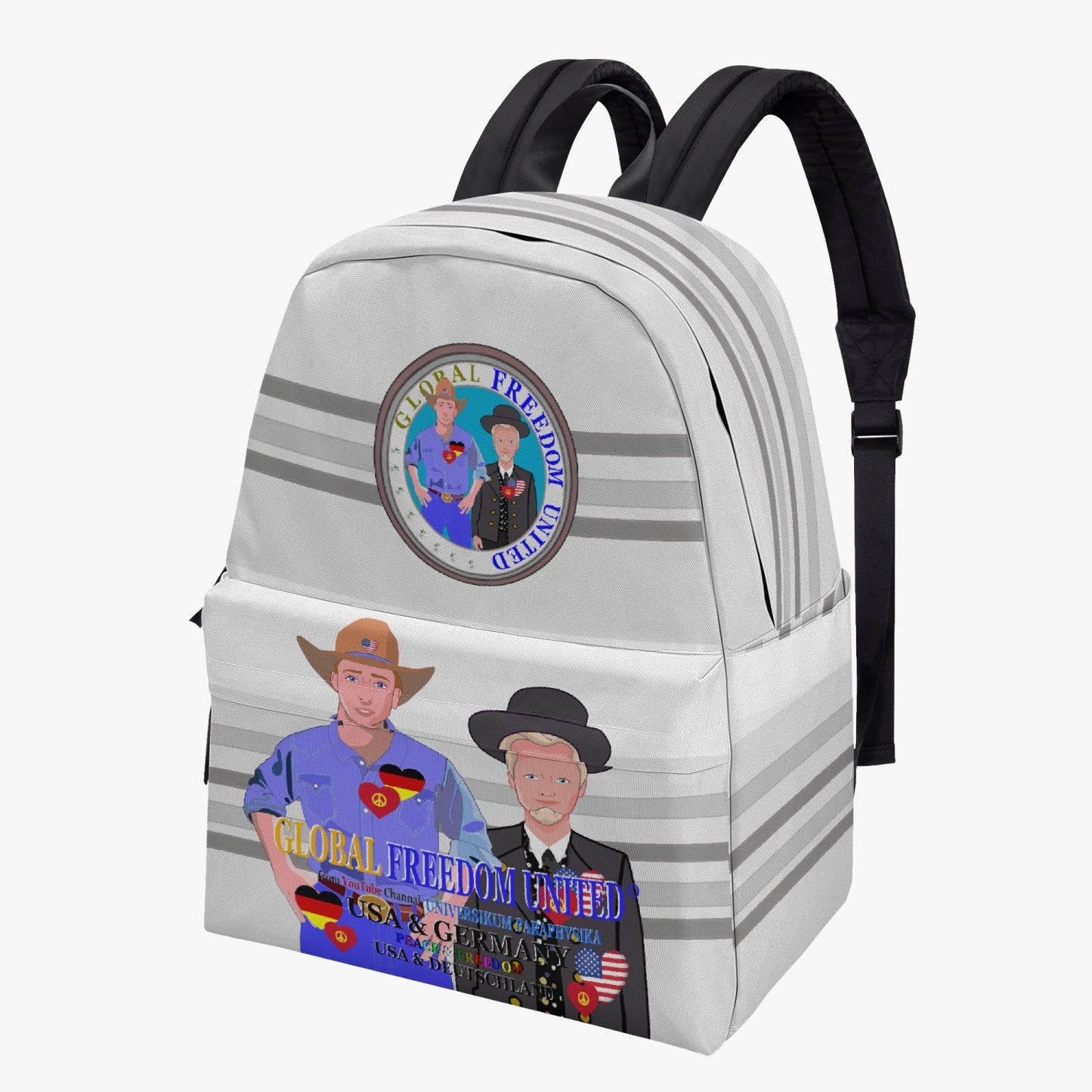 ALL OVER PRINT CANVAS BACKPACK GLOBAL FREEDOM UNITED MEN USA & GERMANY OLD PEACE GREY