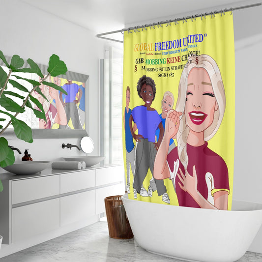 Quick-drying Shower Curtain GLOBAL FREEDOM UNITED GIB MOBBING KEINE CHANCE GERMAN YELLOW