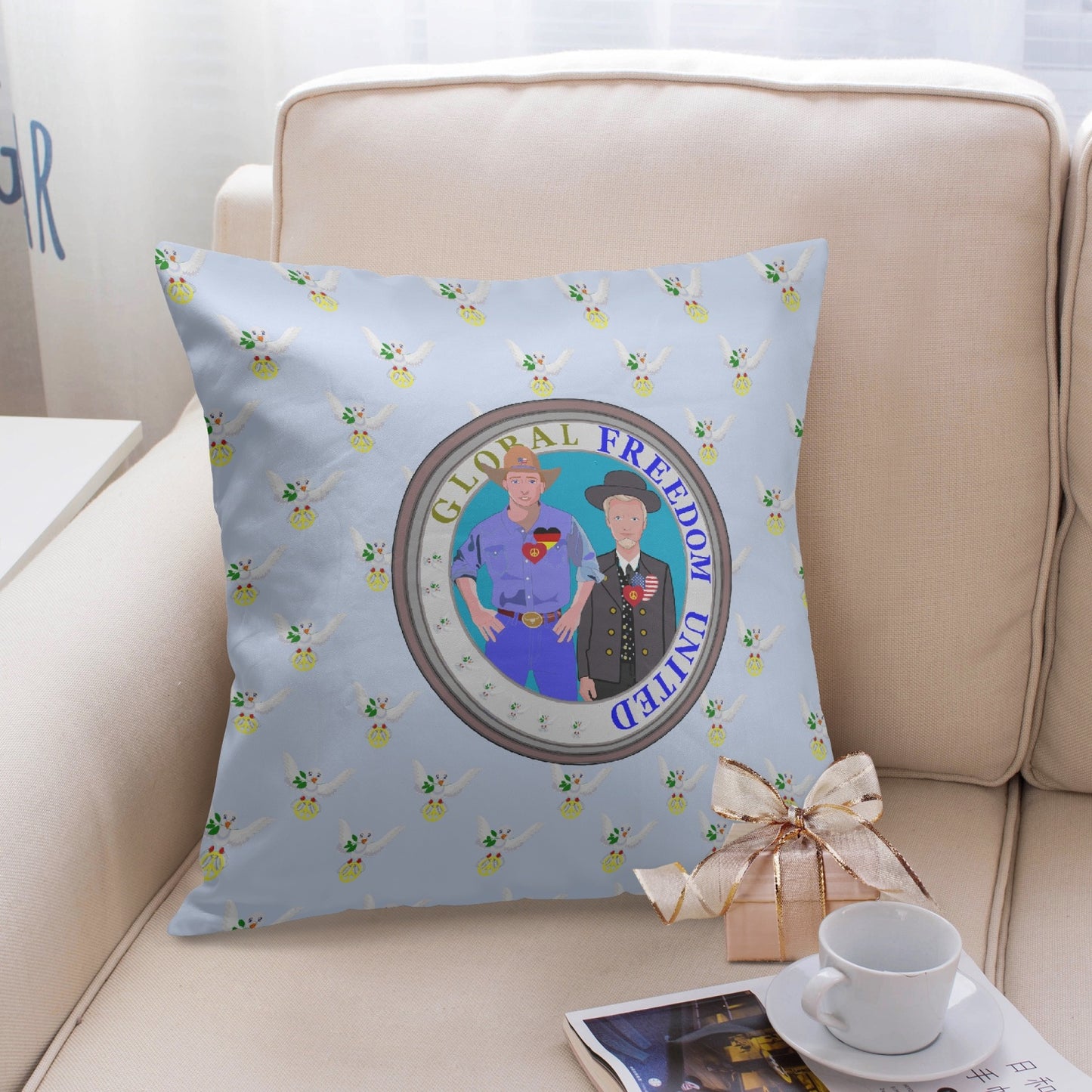 GLOBAL FREEDOM UNITED© Men USA & GERMANY LIGHT BLUE 18'' Square Pillow Cover