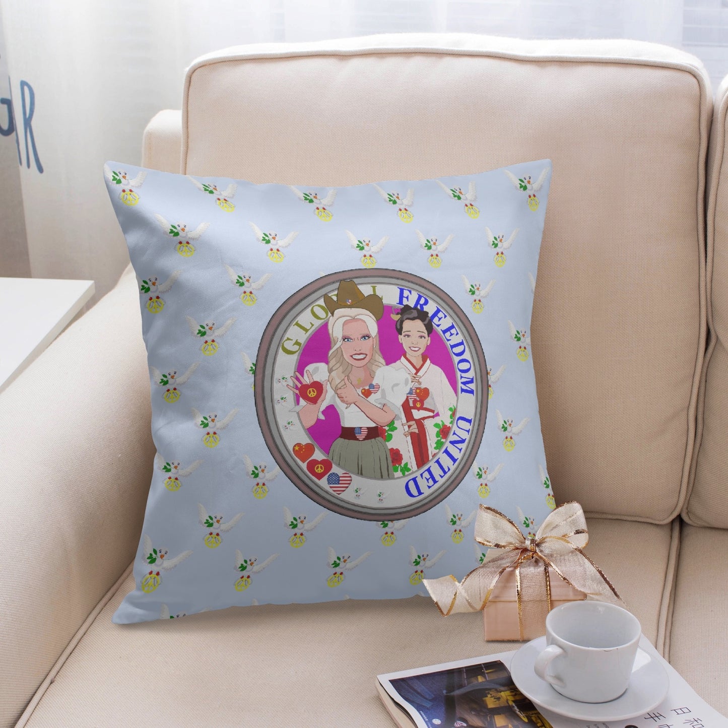 GLOBAL FREEDOM UNITED© Women USA & CHINA Light Blue 18'' Square Pillow Cover