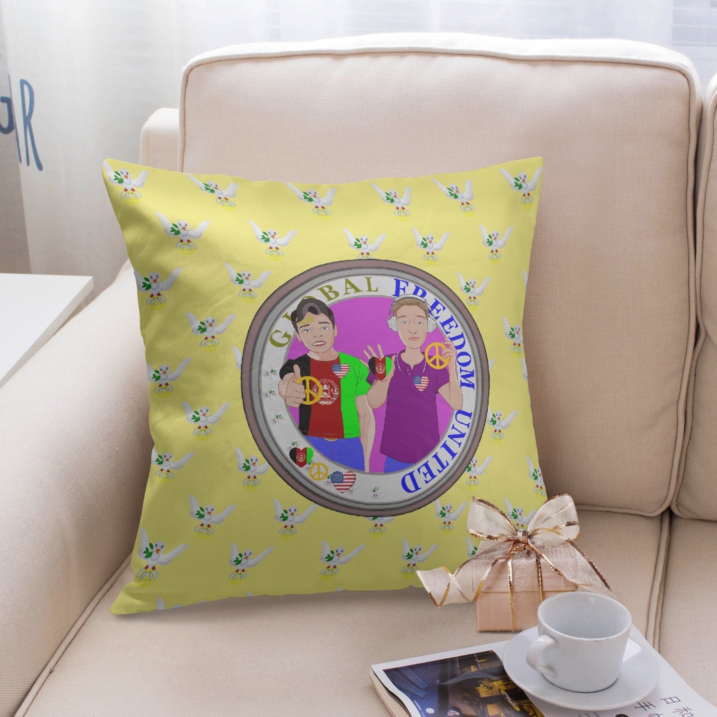 GLOBAL FREEDOM UNITED© Men AFGHANISTAN & USA YELLOW 18'' Square Pillow Cover