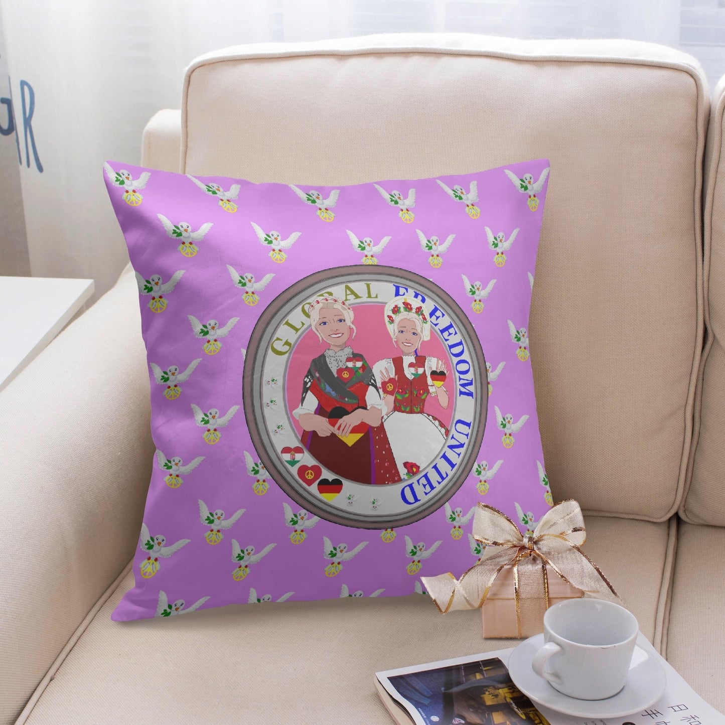 GLOBAL FREEDOM UNITED WOMEN GERMANY & HUNGARY OLD PEACE LILAC 18'' Square Pillow Cover