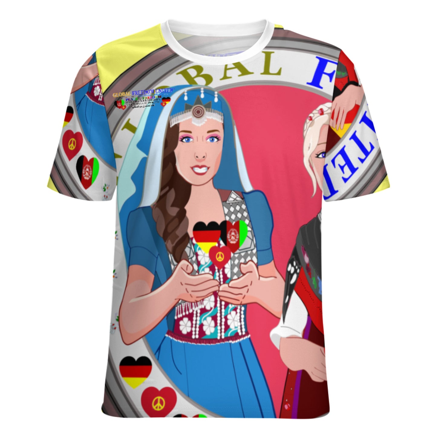 Full Print T-shirt Global Freedom United Women Afghanistan & Germany Old Peace Yellow