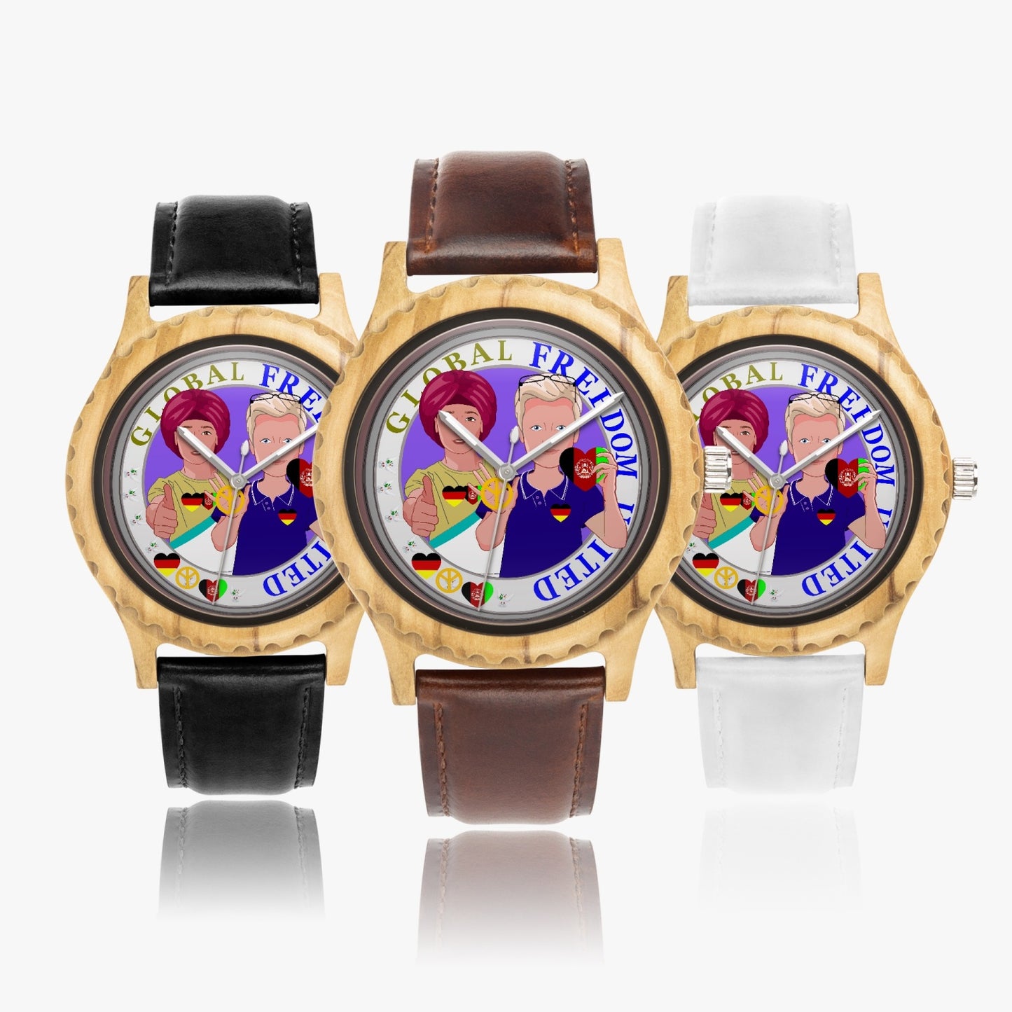 GLOBAL FREEDOM UNITED MEN AFGHANISTAN & GERMANY NEW PEACE Italian Olive Lumber Wooden Watch - Leather Strap