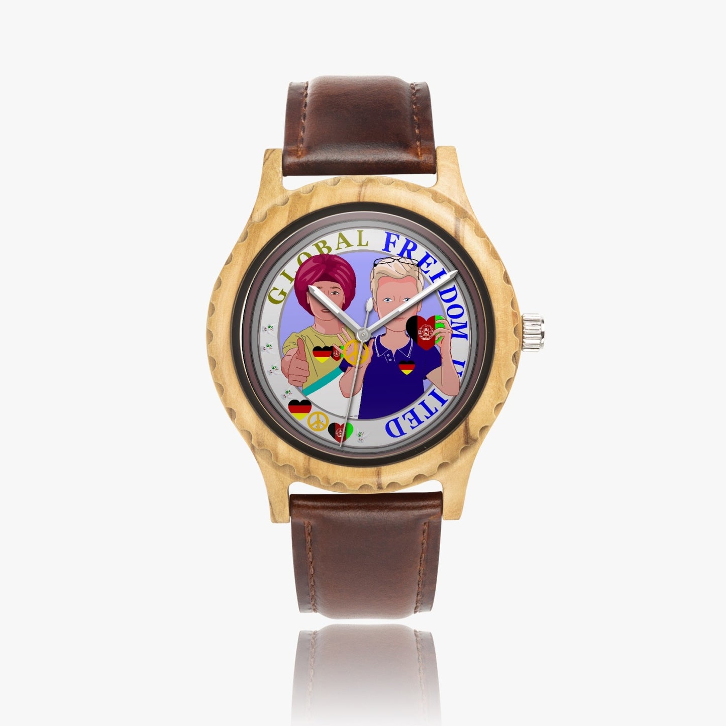 GLOBAL FREEDOM UNITED© Men AFGHANISTAN & GERMANY - Italian Olive Lumber Wooden Watch - Leather Strap