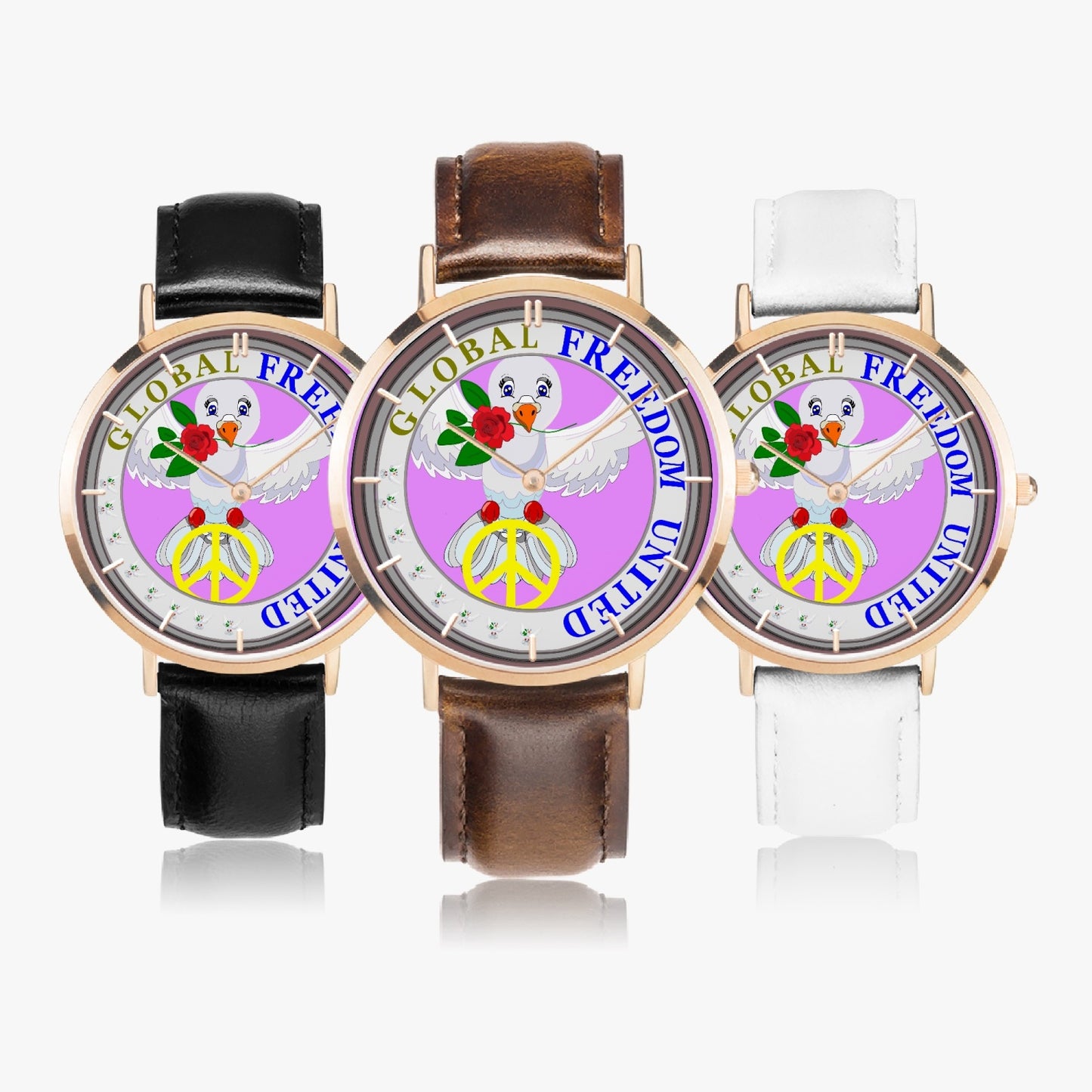 GLOBAL FREEDOM UNITED DOVE OF PEACE OLD PEACE RED ROSES Hot Selling Ultra-Thin Leather Strap Quartz Watch (Rose Gold With Indicators)