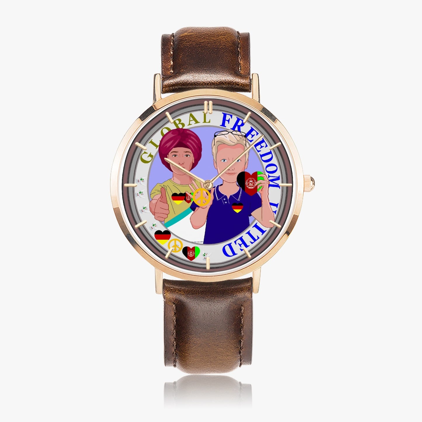 GLOBAL FREEDOM UNITED© Men AFGHANISTAN & GERMANY - Hot Selling Ultra-Thin Leather Strap Quartz Watch (Rose Gold With Indicators)