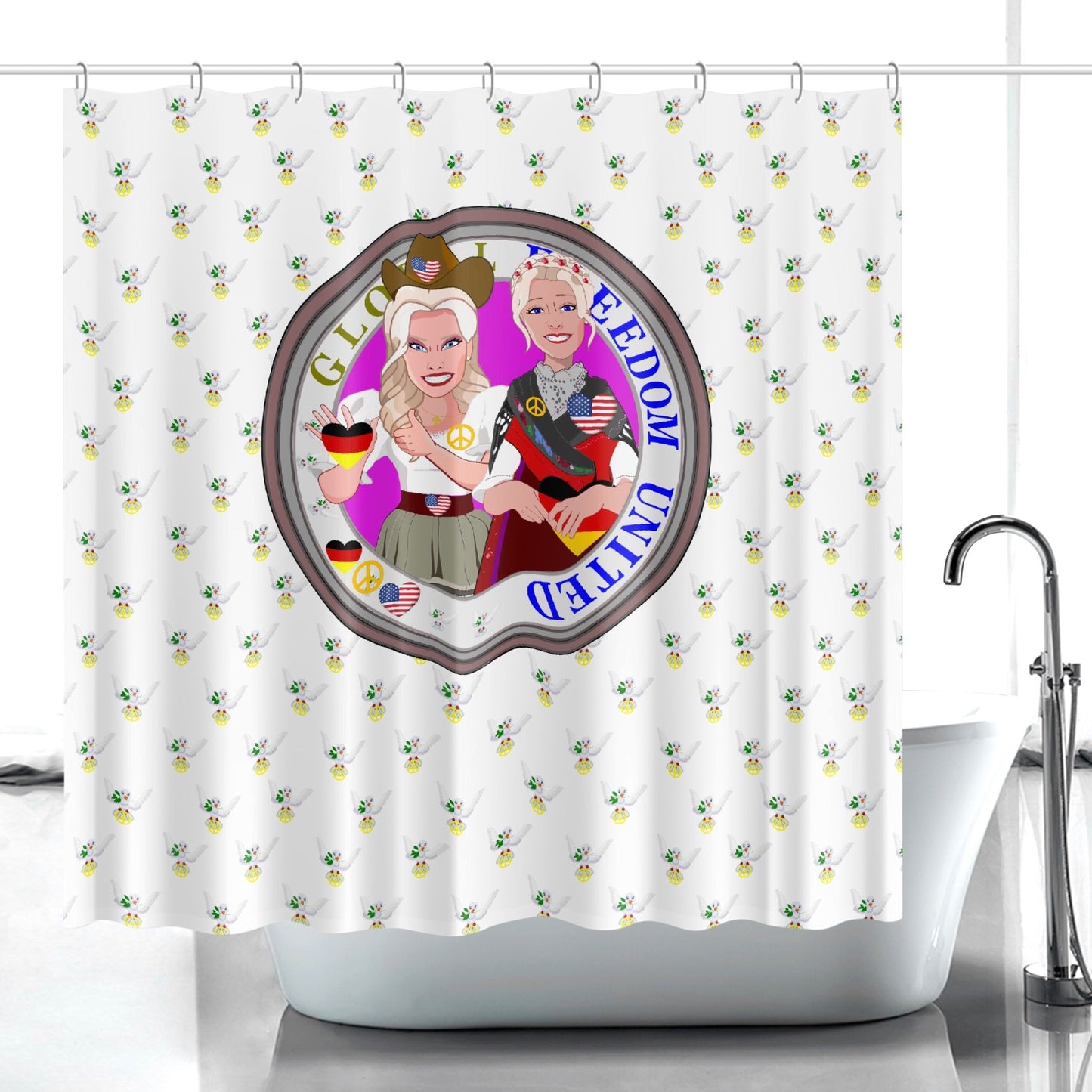 SHOWER CURTAIN GLOBAL FREEDOM UNITED WOMEN GERMANY & USA OLD PEACE WIGHT