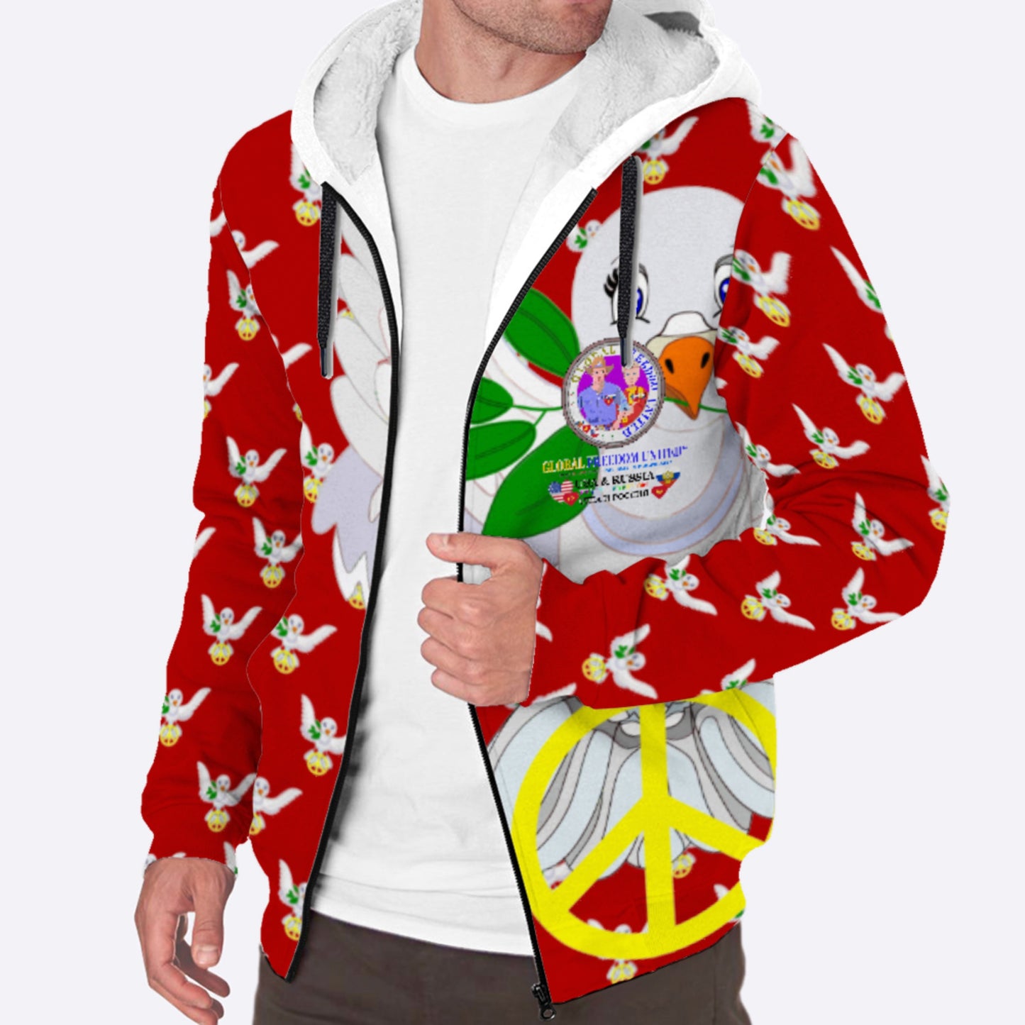 Plush Hoodie GLOBAL FREEDOM UNITED© Men Russia & USA Red