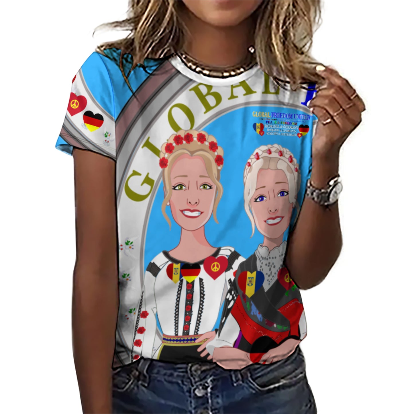 Women´s T-shirt 3 GLOBAL FREEDOM UNITED© Women Romania & Germany Blue
