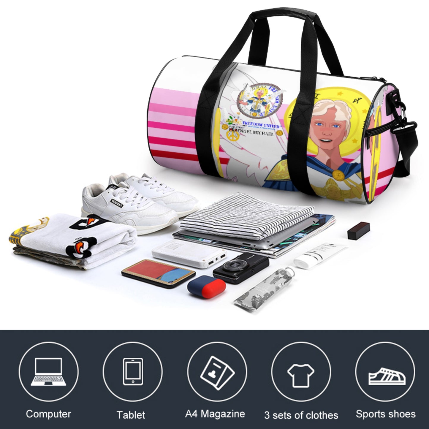 Cylindrical Gym Bag Global Freedom United Archangel Michael German Pink2