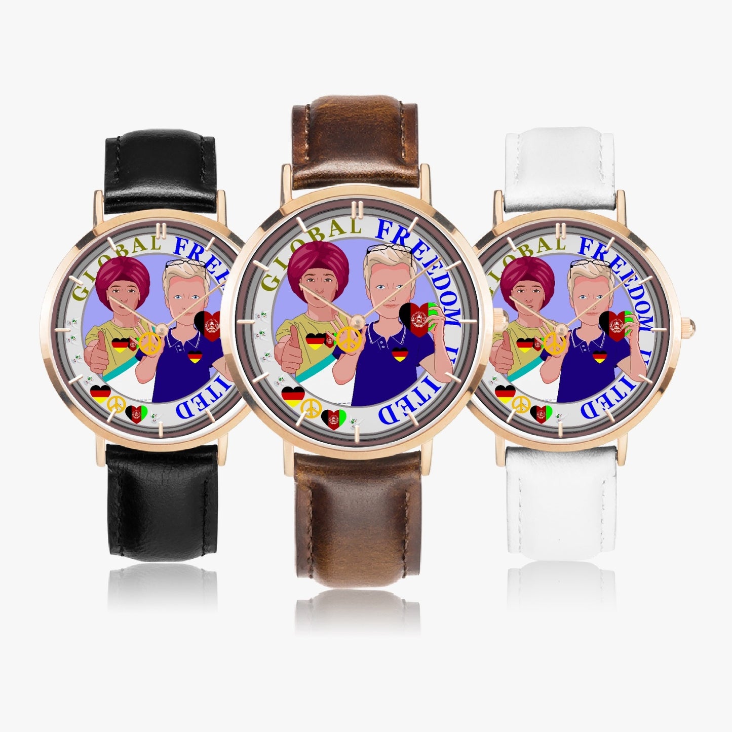 GLOBAL FREEDOM UNITED© Men AFGHANISTAN & GERMANY - Hot Selling Ultra-Thin Leather Strap Quartz Watch (Rose Gold With Indicators)