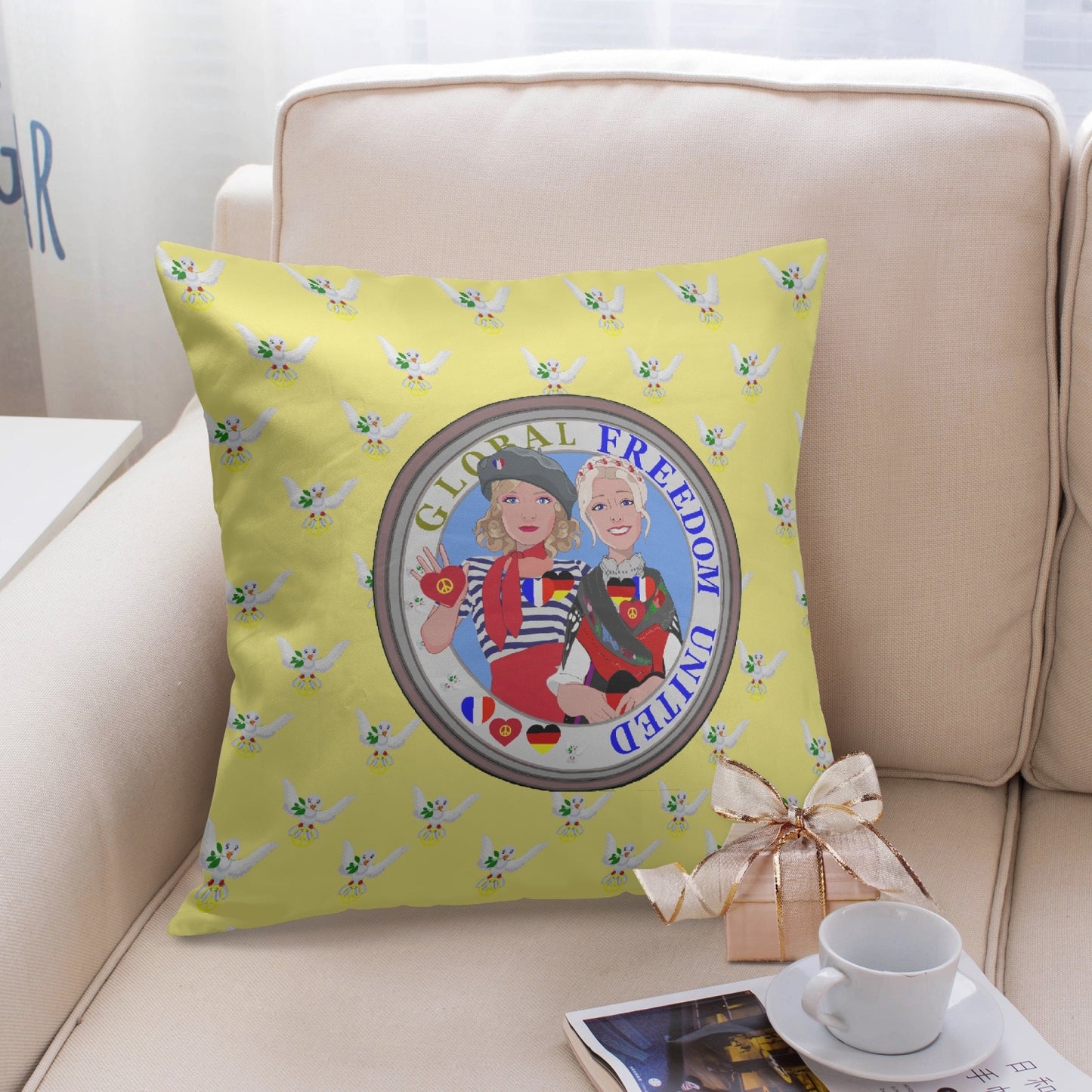 GLOBAL FREEDOM UNITED© Women FRENCH & GERMANY Yellow 18'' Square Pillow Cover