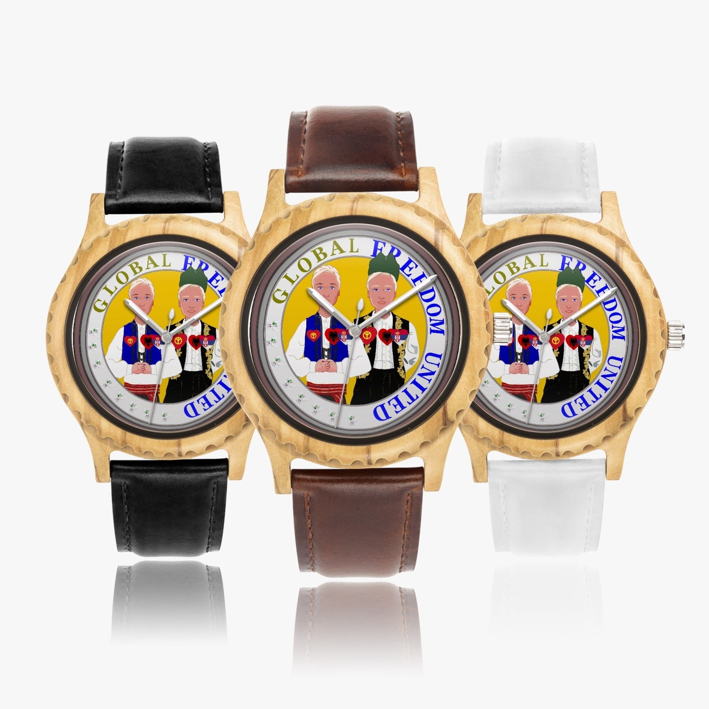 GLOBAL FREEDOM UNITED MEN ALBANIA & SERBIA NEW PEACE Italian Olive Lumber Wooden Watch - Leather Strap
