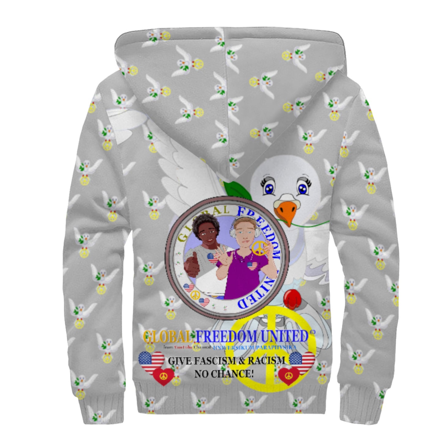 Plush Hoodie GLOBAL FREEDOM UNITED© Men Anti Fascism & Racism USA Grey