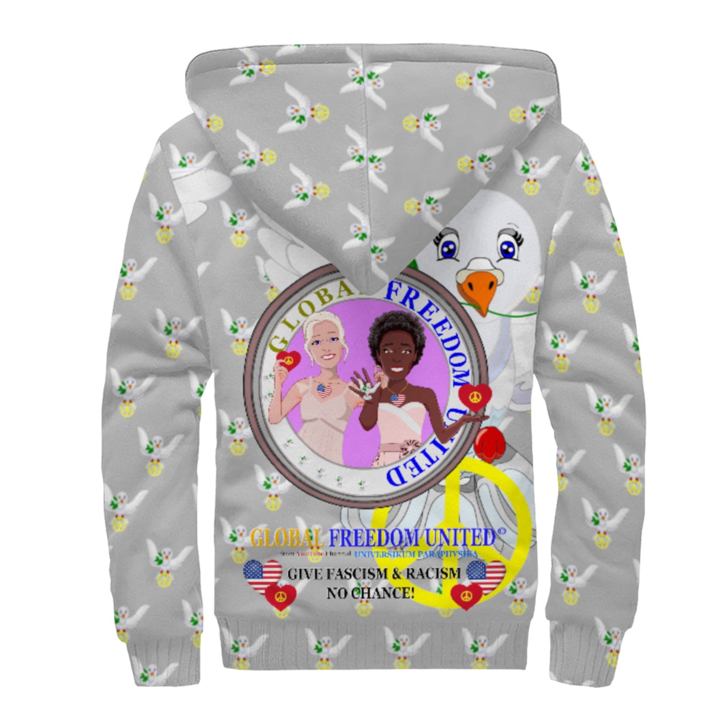 Plush Hoodie GLOBAL FREEDOM UNITED© Women Anti Racism & Fascism USA Grey