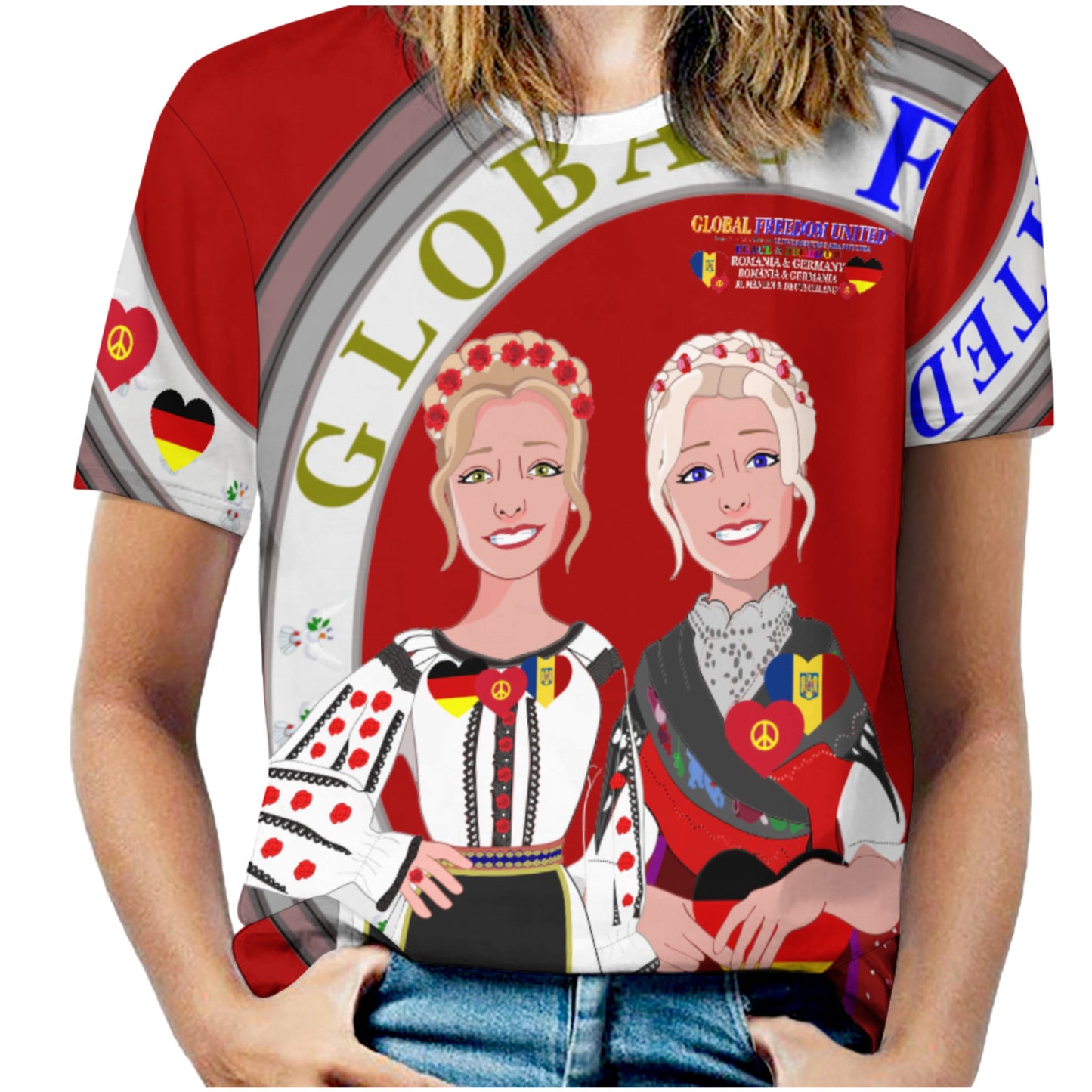 Women´s T-shirt 3 GLOBAL FREEDOM UNITED© Romania & Germany Red
