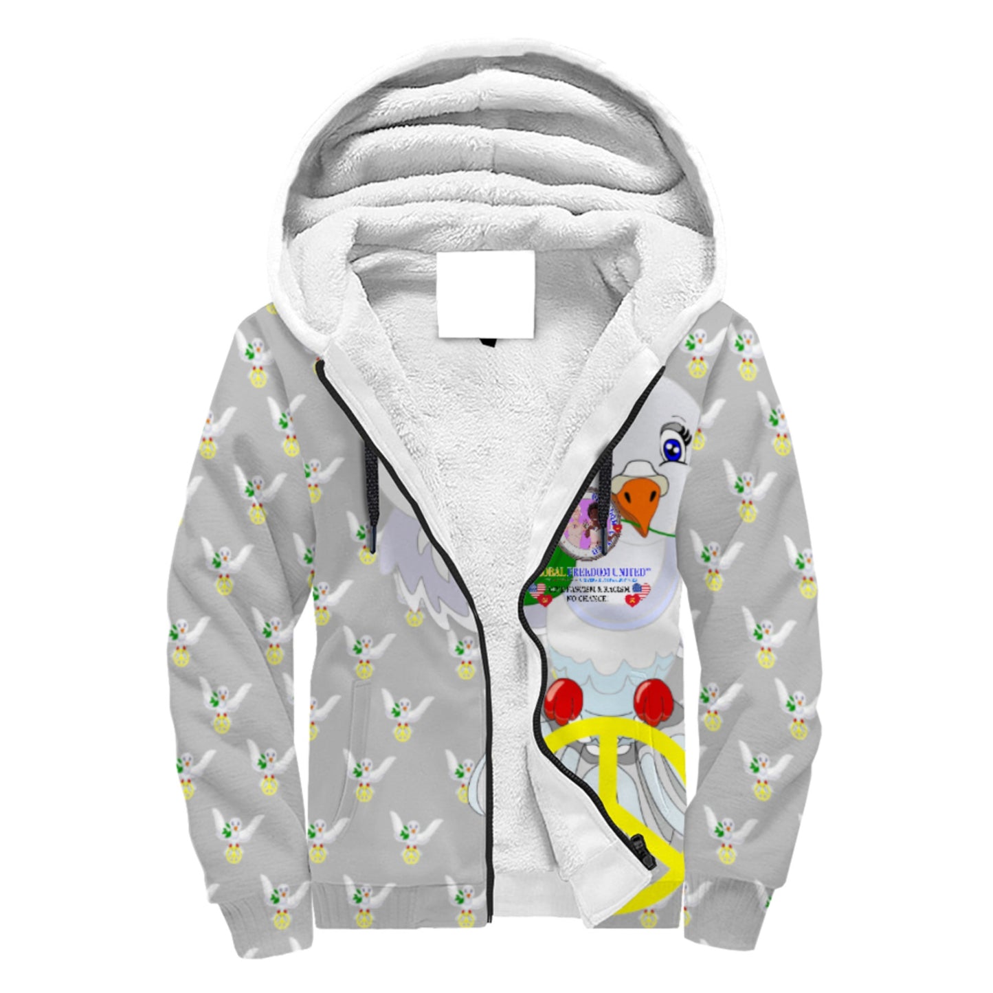 Plush Hoodie GLOBAL FREEDOM UNITED© Women Anti Racism & Fascism USA Grey