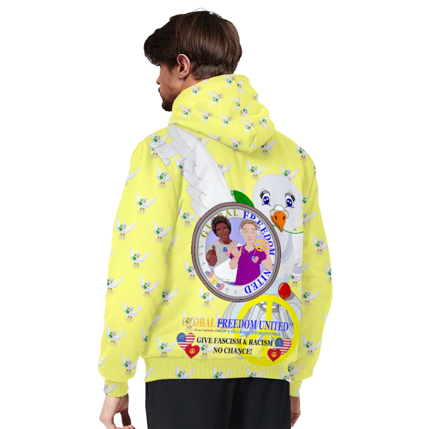Plush Hoodie GLOBAL FREEDOM UNITED© Men Anti Fascism & Racism USA Yellow