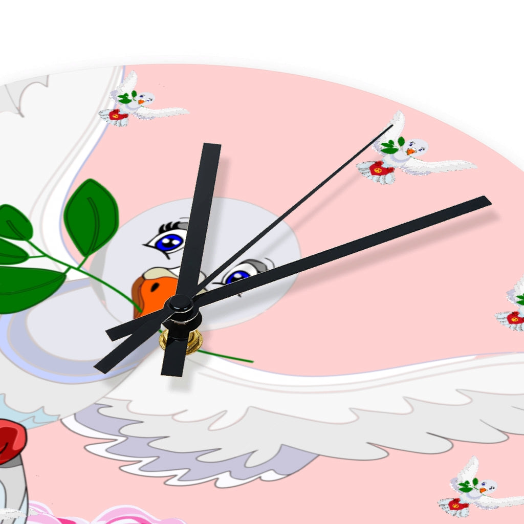 Wooden Wall Clock Without Scale GLOBAL FREEDOM UNITED© Dove Of Peace Roses Pink