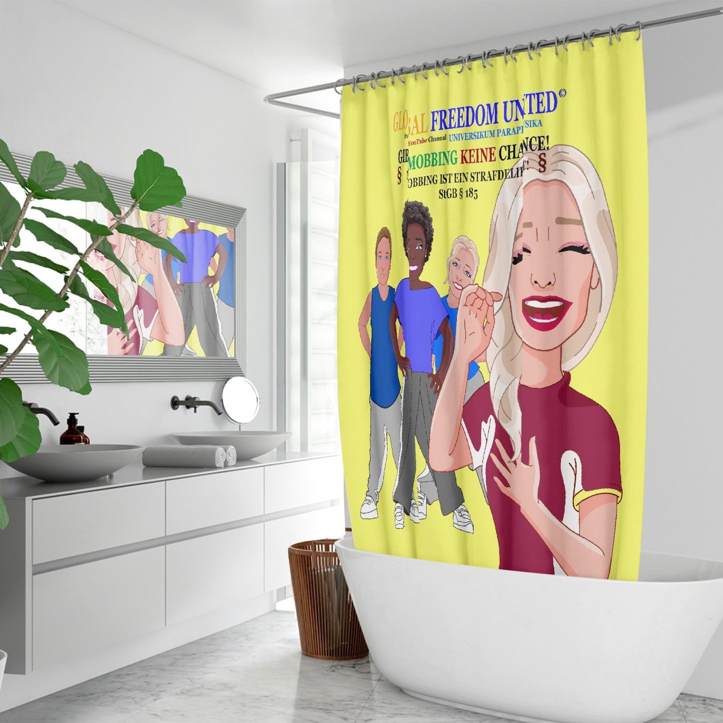 Quick-drying Shower Curtain GLOBAL FREEDOM UNITED GIB MOBBING KEINE CHANCE GERMAN YELLOW