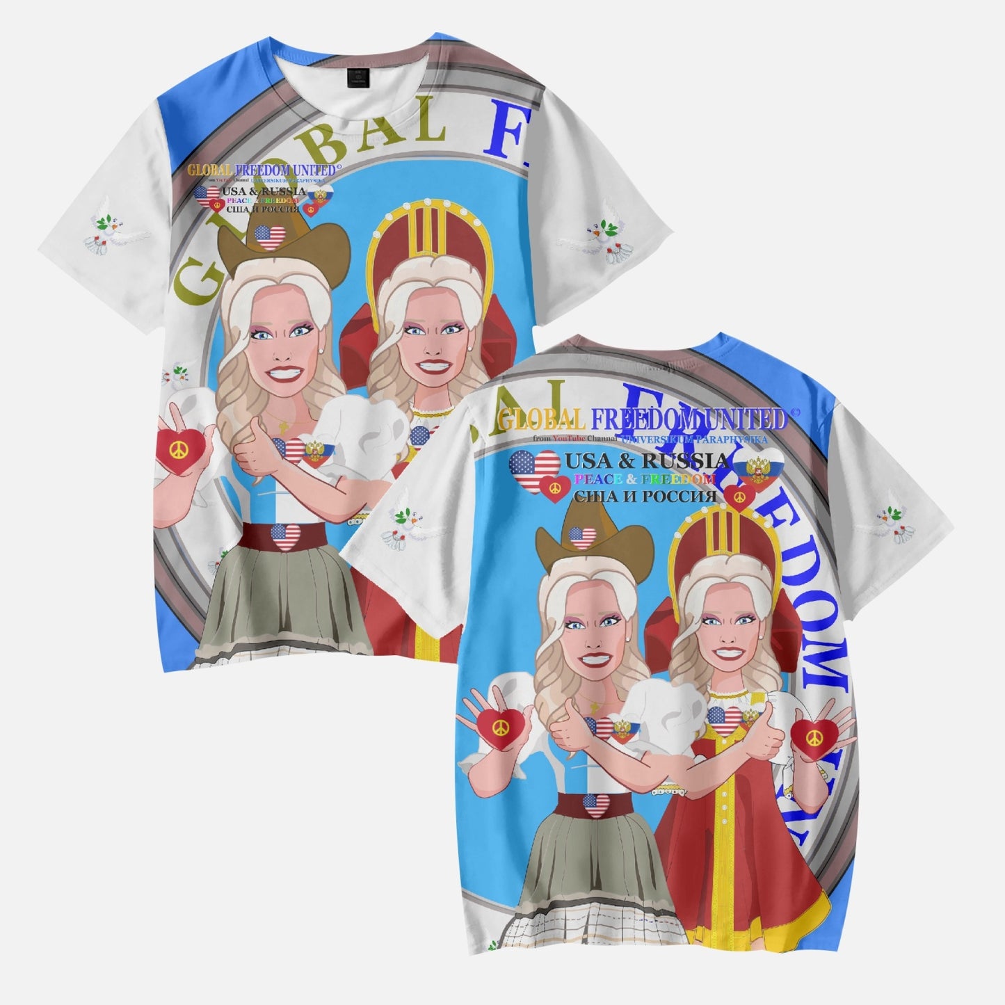 GLOBAL FREEDOM UNITED GIRLS USA & RUSSIA OLD PEACE BLUE AOP Kids' Short T-Shirts