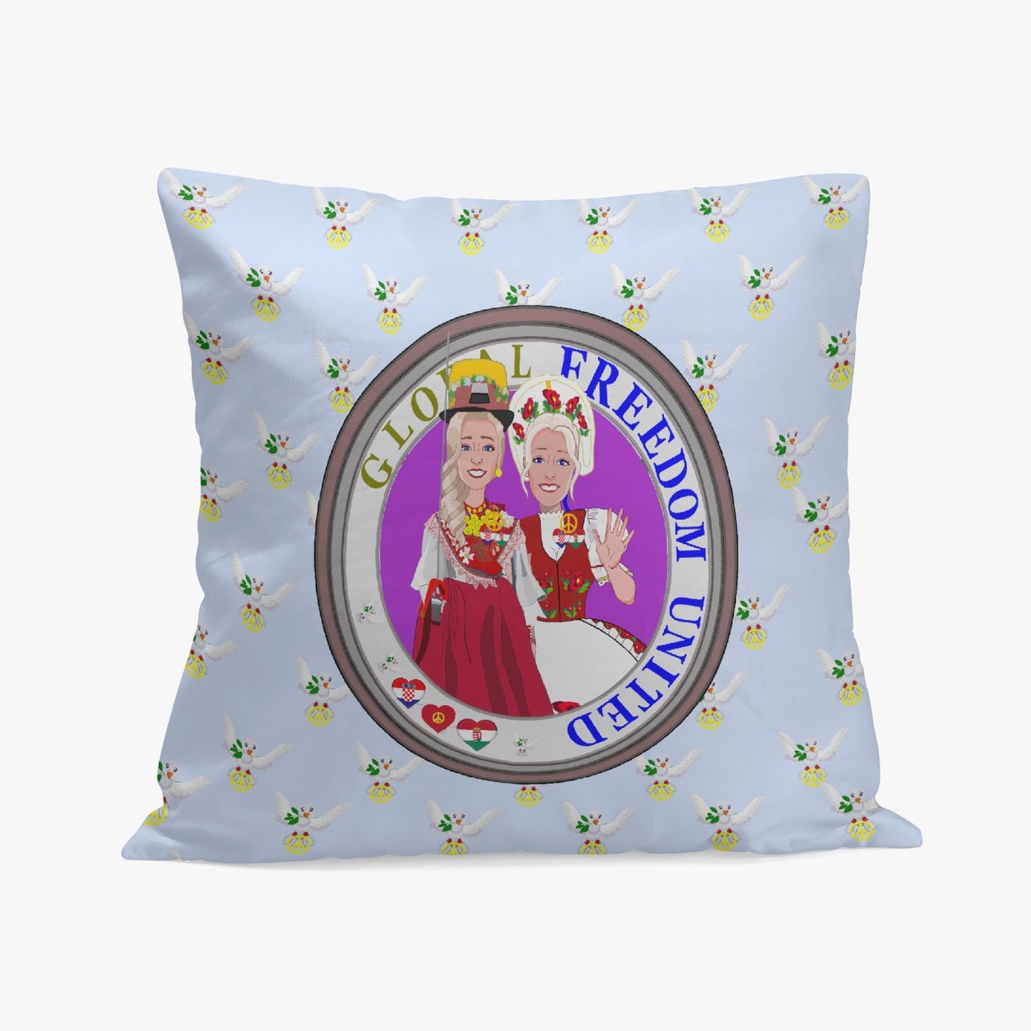 GLOBAL FREEDOM UNITED© Women CROATIA & HUNGARY Light Blue 18'' Square Pillow Cover