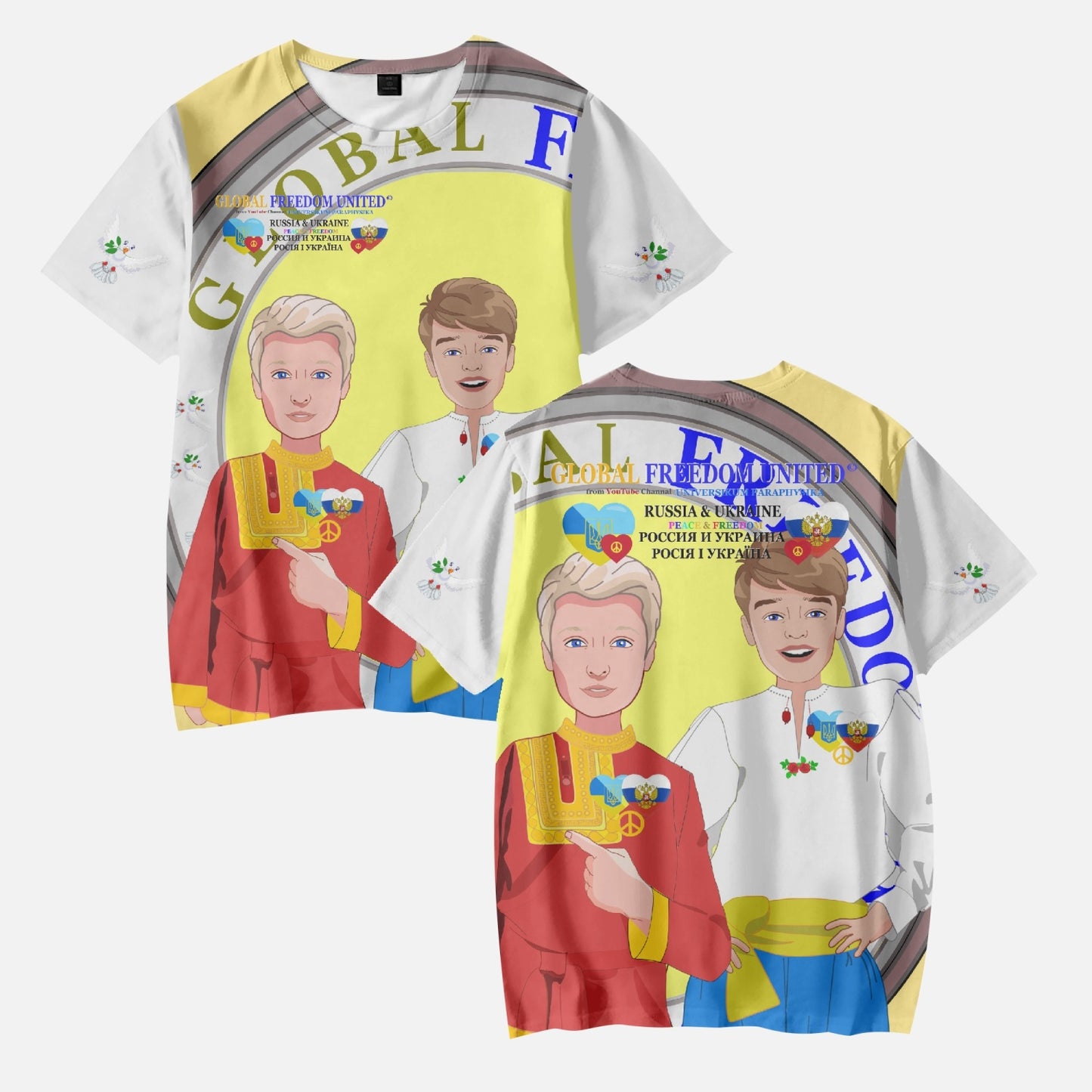 GLOBAL FREEDOM UNITED BOYS UKRAINE & RUSSIA OLD PEACE YELLOW AOP Kids' Short T-Shirts