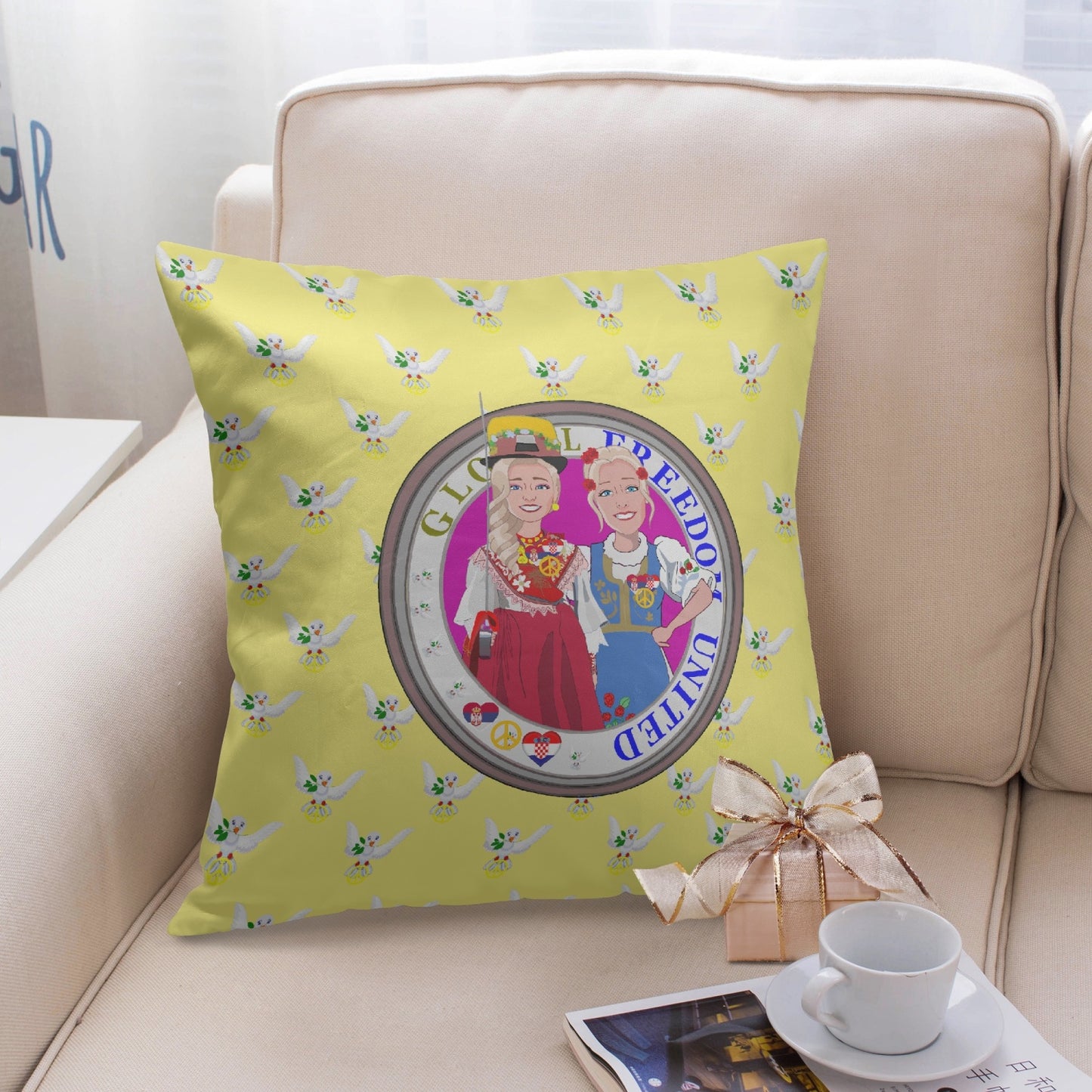 GLOBAL FREEDOM UNITED© Women CROATIA & SERBIA Yellow BLONDIE 18'' Square Pillow Cover
