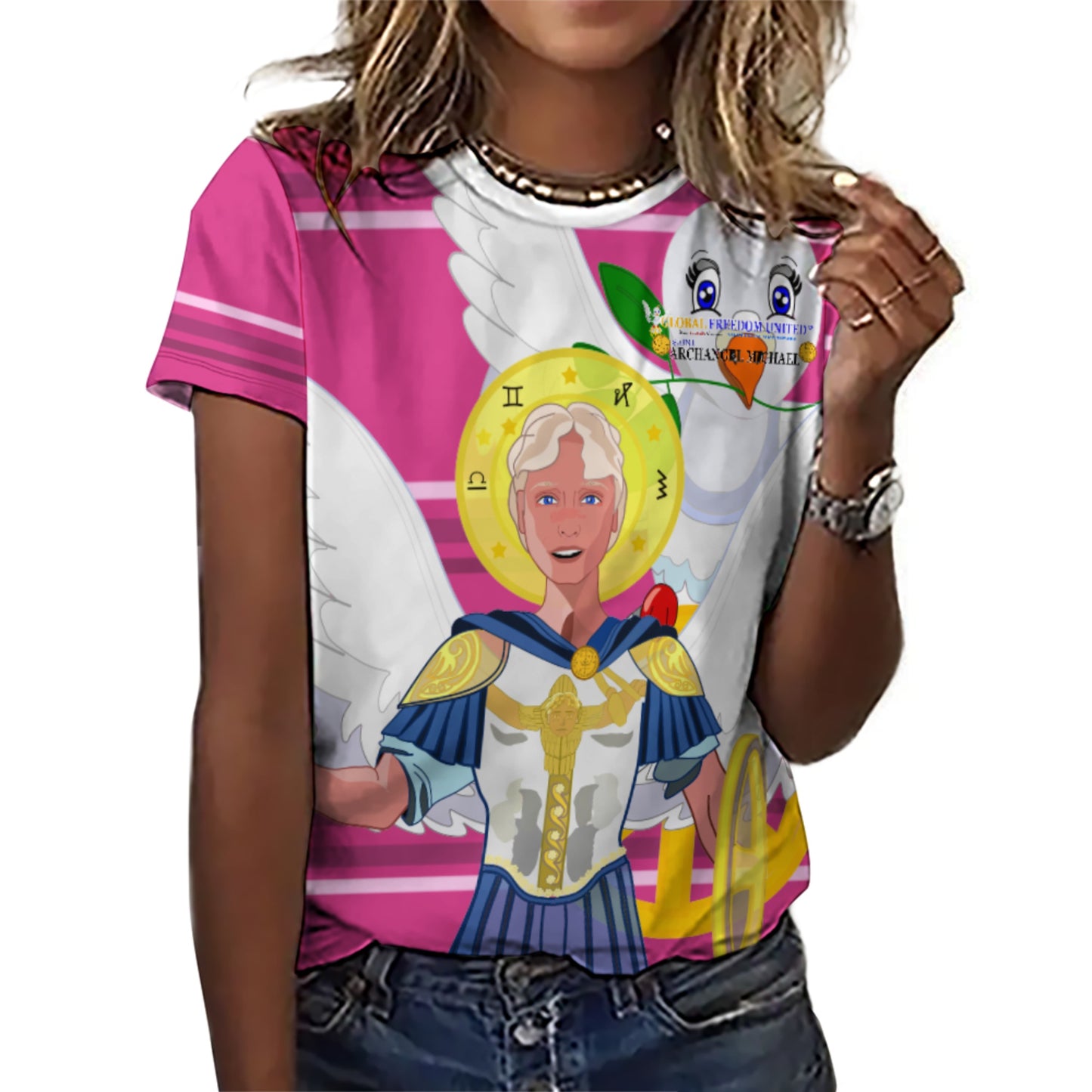 Women´s T-shirt 3 Global Freedom United Archangel Michael English V1 Pink2
