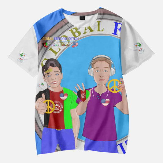 GLOBAL FREEDOM UNITED©  Boy AFGHANISTAN & USA  BLUE AOP Kids' Short T-Shirts
