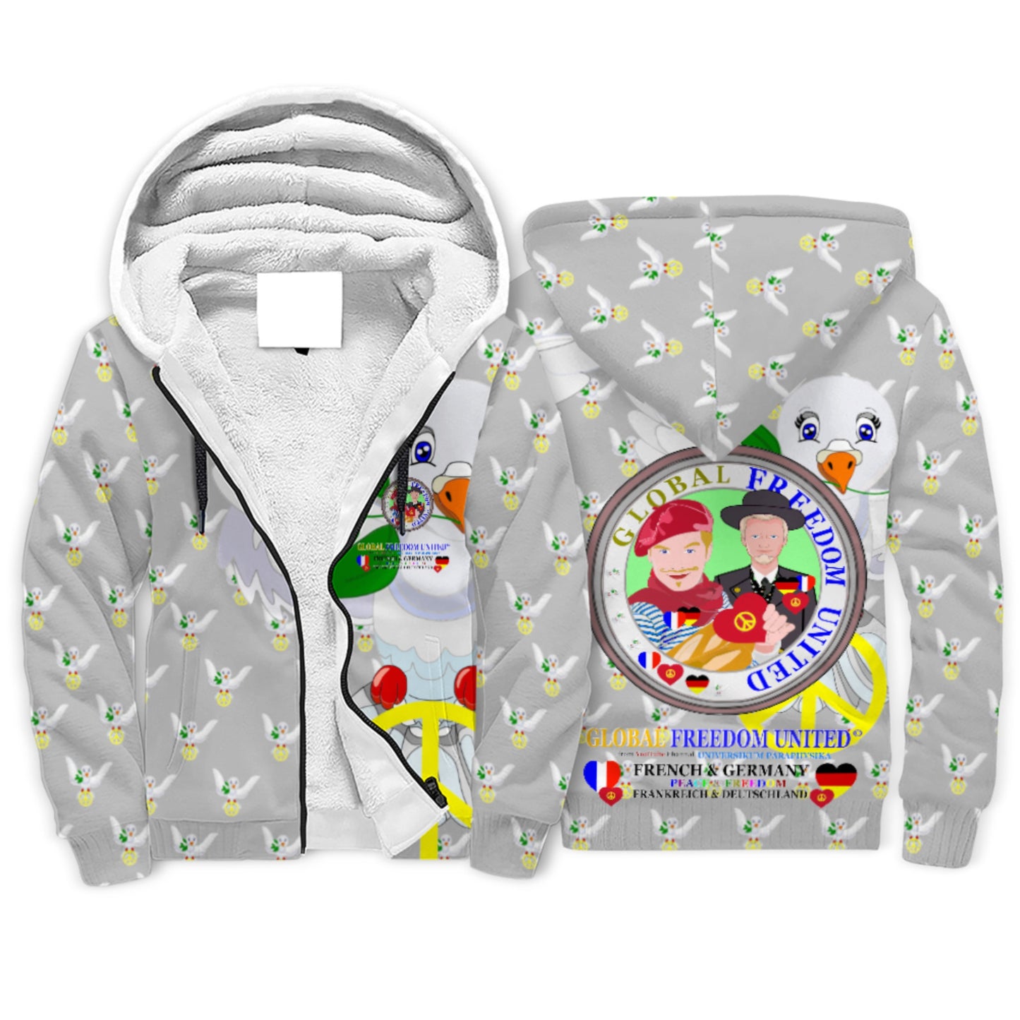 Plush Hoodie GLOBAL FREEDOM UNITED© Men French & Germany  Grey