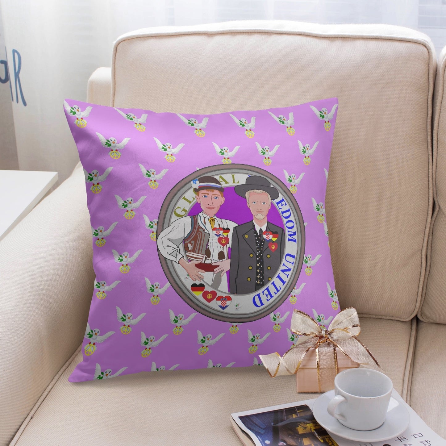 GLOBAL FREEDOM UNITED©  Men CROATIA & GERMANY LILAC B 18'' Square Pillow Cover