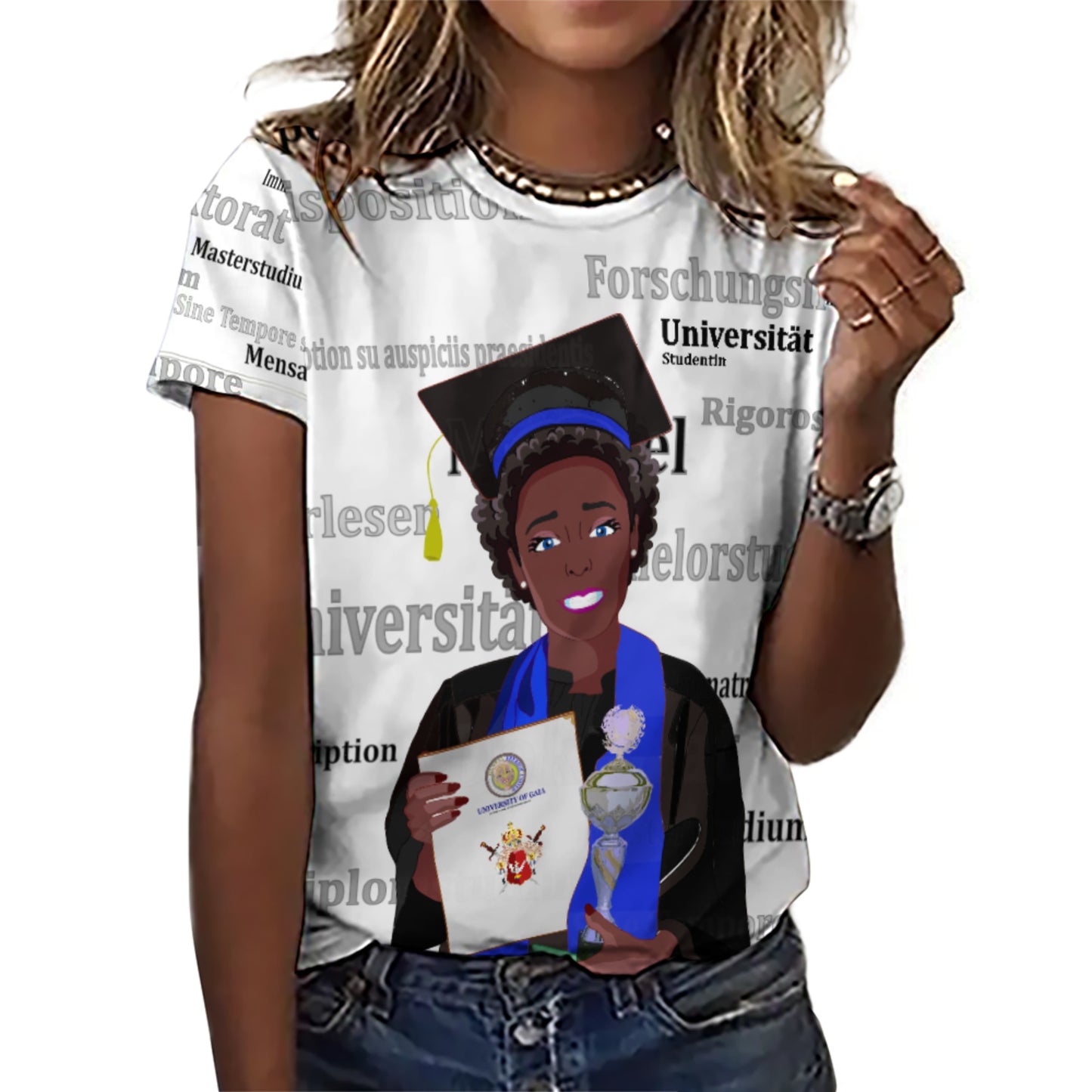 Women´s T-shirt Global Freedom United Afro Student Girl Silver Place