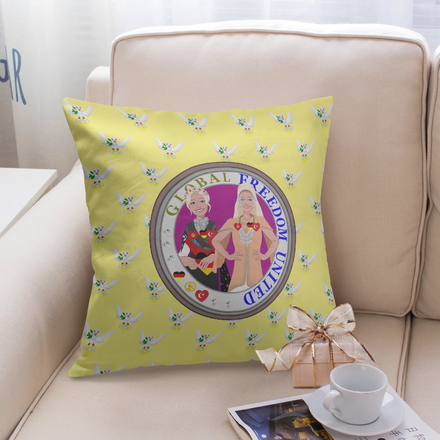 GLOBAL FREEDOM UNITED WOMEN GERMANY & TURKEY OLD PEACE YELLOW 18'' Square Pillow Cover