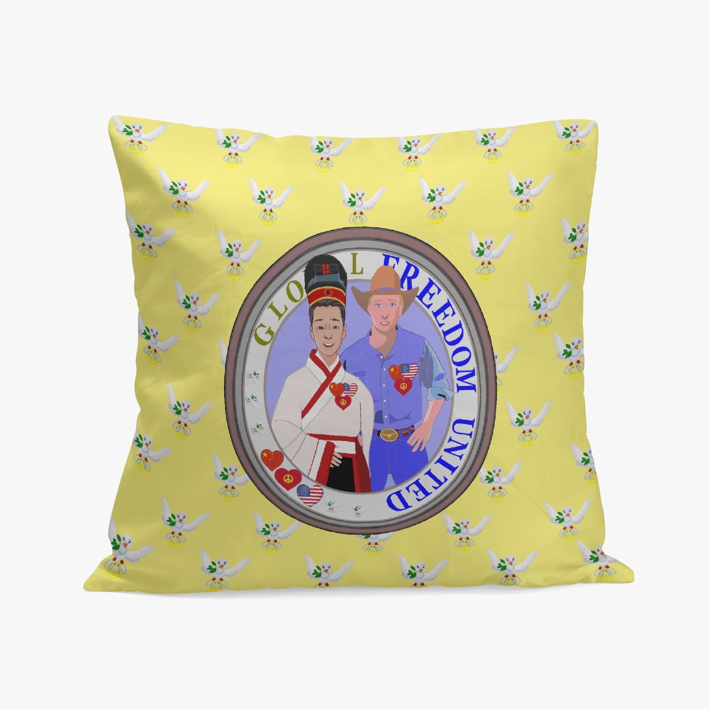 GLOBAL FREEDOM UNITED© Men USA & CHINA YELLOW 18'' Square Pillow Cover