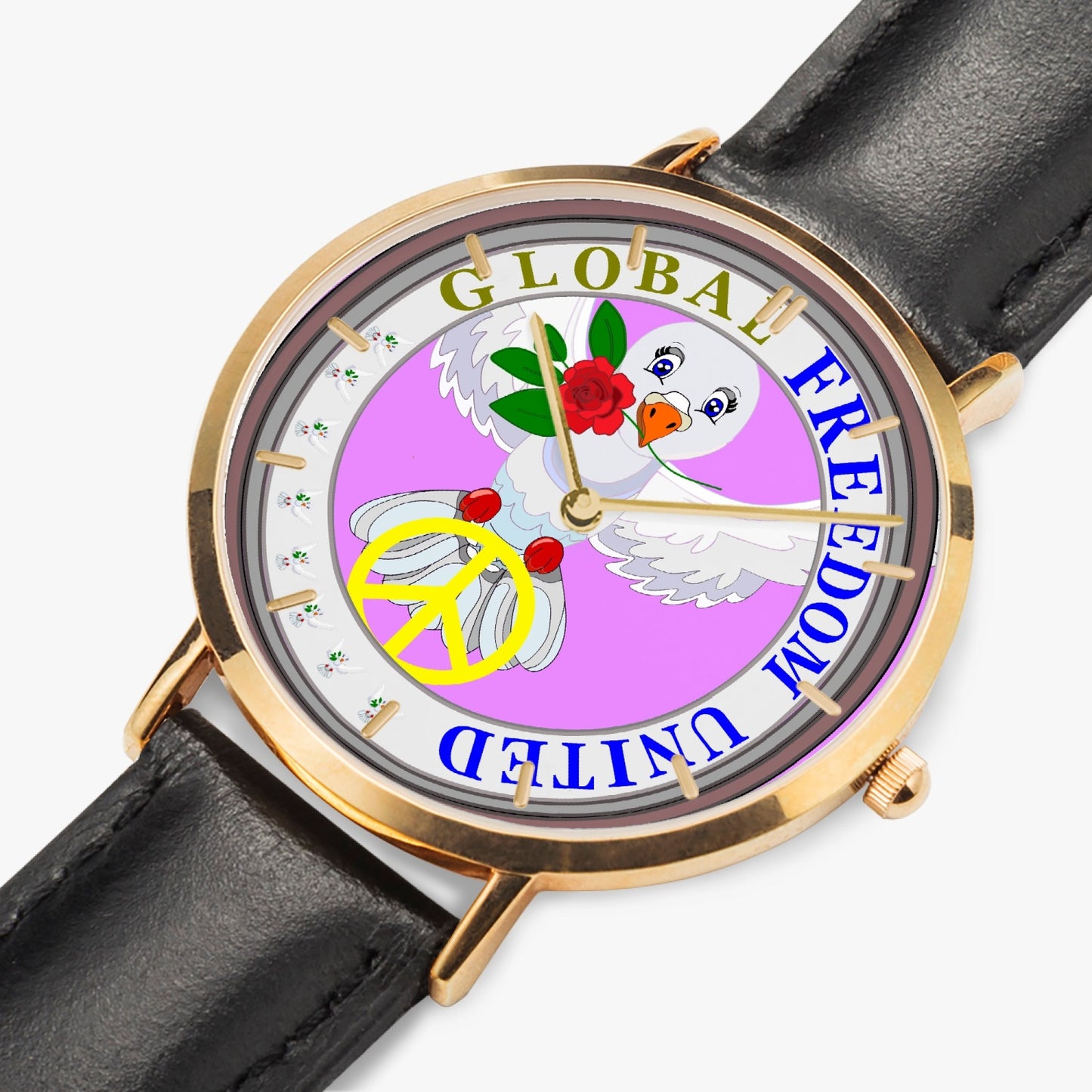 GLOBAL FREEDOM UNITED DOVE OF PEACE OLD PEACE RED ROSES Hot Selling Ultra-Thin Leather Strap Quartz Watch (Rose Gold With Indicators)