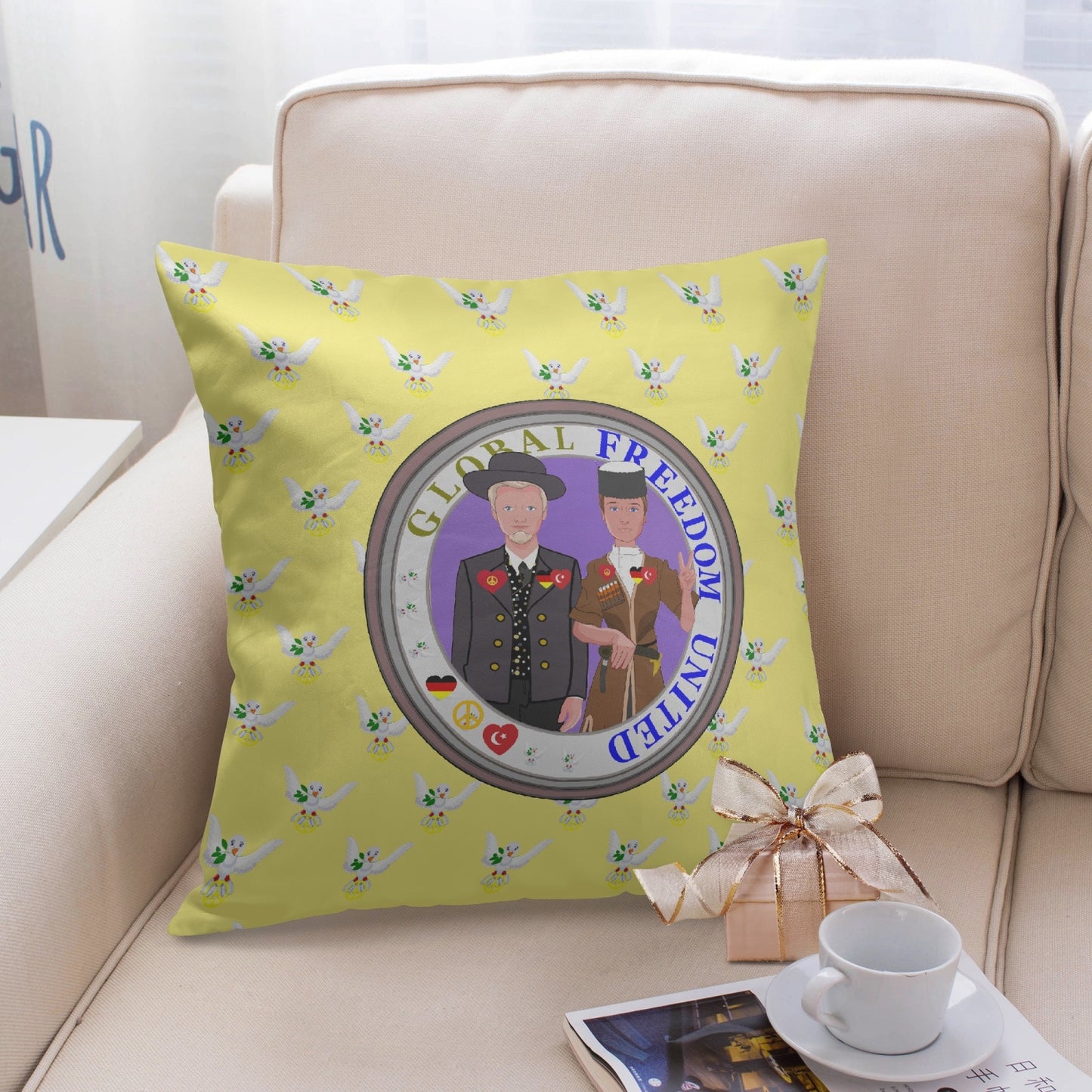 GLOBAL FREEDOM UNITED© Men GERMANY & TURKEY Yellow 18'' Square Pillow Cover