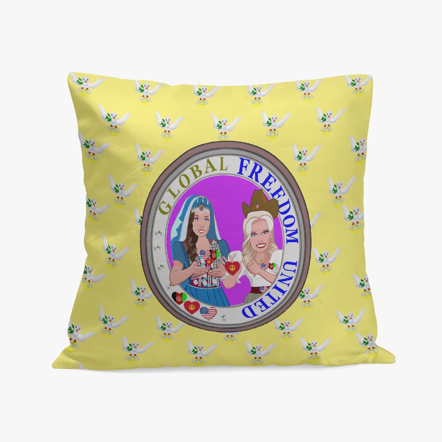 GLOBAL FREEDOM UNITED© Women AFGHANISTAN & USA  YELLOW 18'' Square Pillow Cover