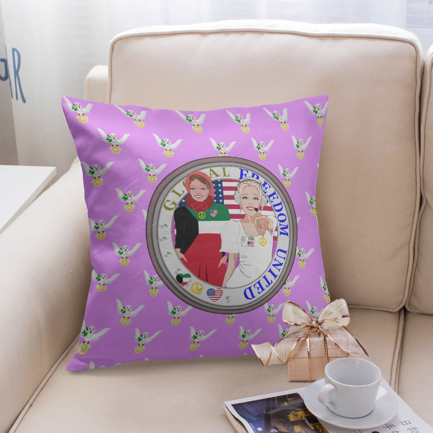 GLOBAL FREEDOM UNITED© Women KUWAIT & USA LILAC 18'' Square Pillow Cover